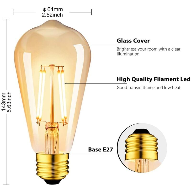 Lot de 6 LED 6W Edison Vintage E27 - Ampoule à filament ST64 2200K Blanc Chaud - Equivalent à Ampoule Incandescente 48W - 3