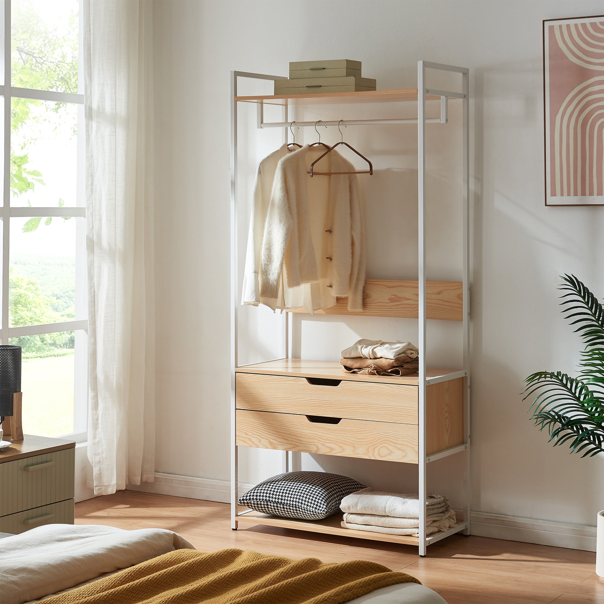 Organizzatore Guardaroba Larem Mobile Porta Abiti con Cassetti - Bianco / Effetto Rovere [en.casa] - 4