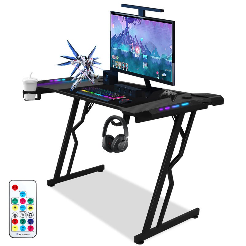 Biurko gamingowe 120*60 cm z oświetleniem LED, w kształcie litery Z, podstawka pod monitor, uchwyt na kubek, haczyk na słuchawki, kolor czarny