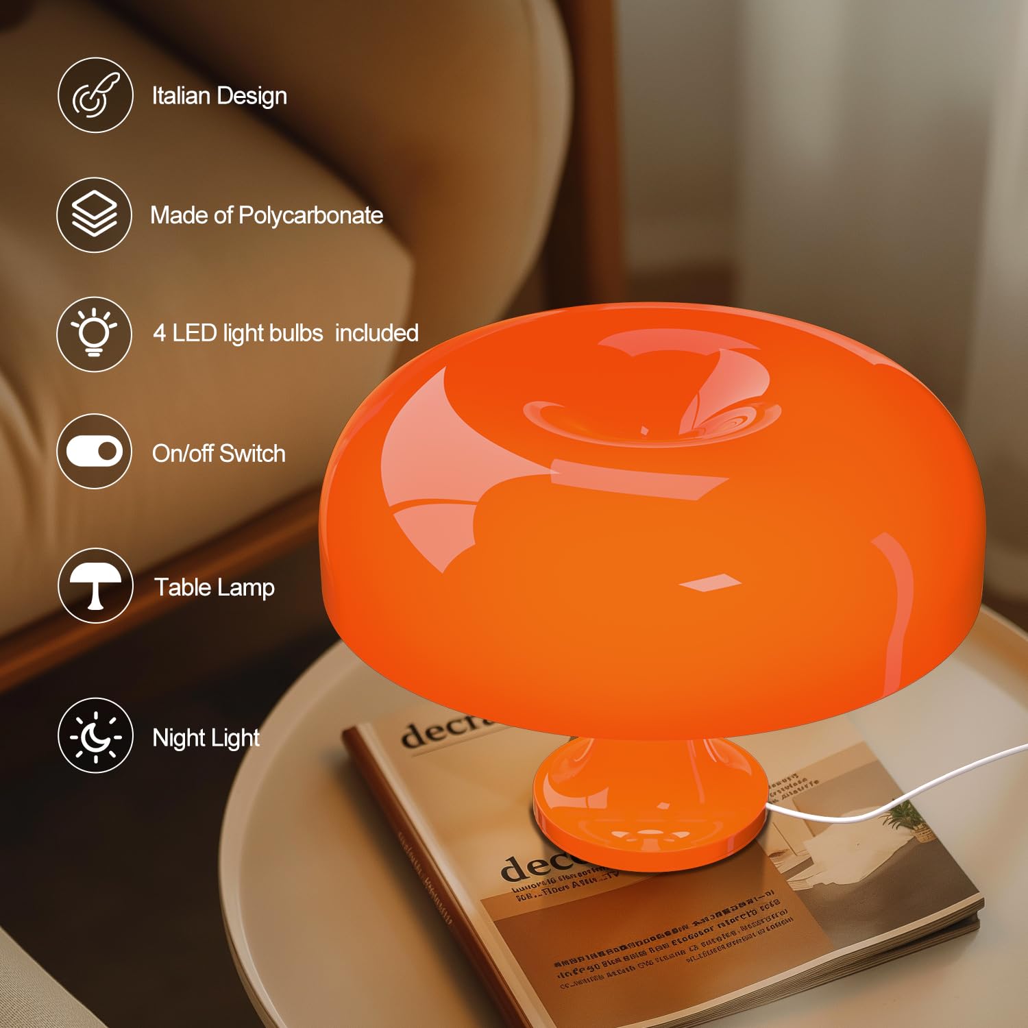 Lampe champignon, lampe de table champignon orange, lampe de chevet champignon LED USB, lampe de bureau esthétique moderne, 3 températures de couleur - 2