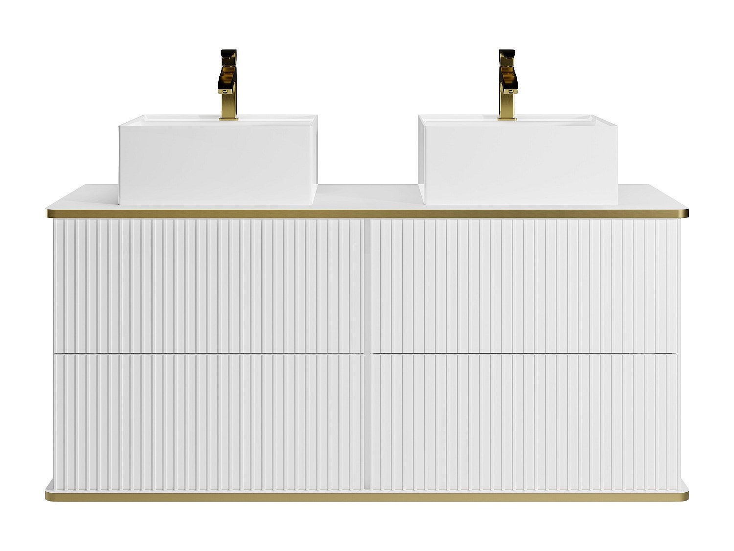 Szafka łazienkowa wisząca w paski ze złotą okleiną i podwójną umywalką nablatową – biała – 120 cm – KELIZA