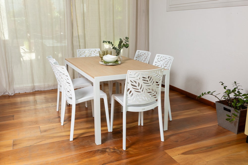 Mesa rectangular fija de 150x90 cm con estructura de aluminio y tapa de vidrio decorado Milo para interior/exterior madera/blanco - 2