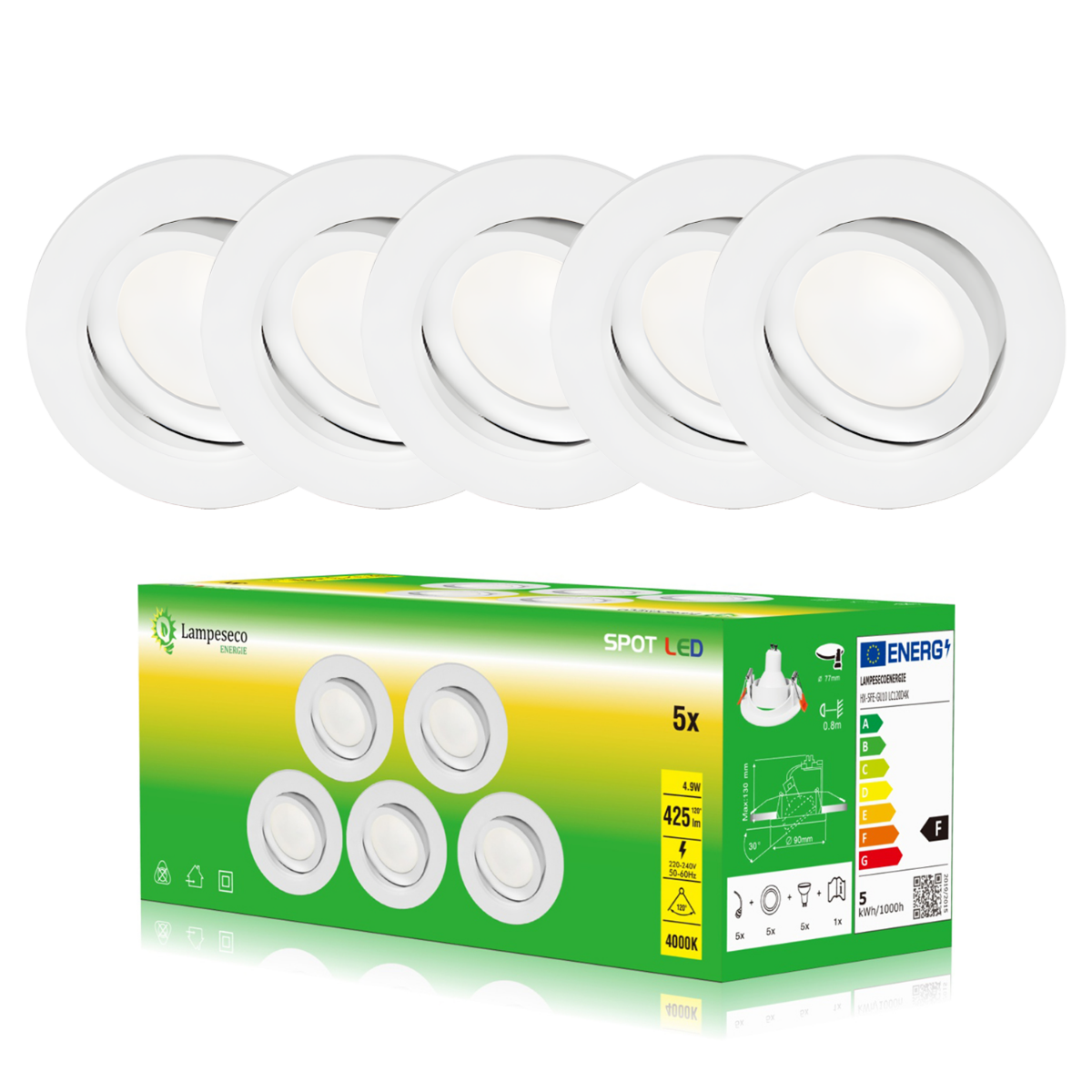 Lot de 20 Spot LED 4.9W 120° GU10 orientable downlight Ø90 Lumière Blanc Neutre - 2