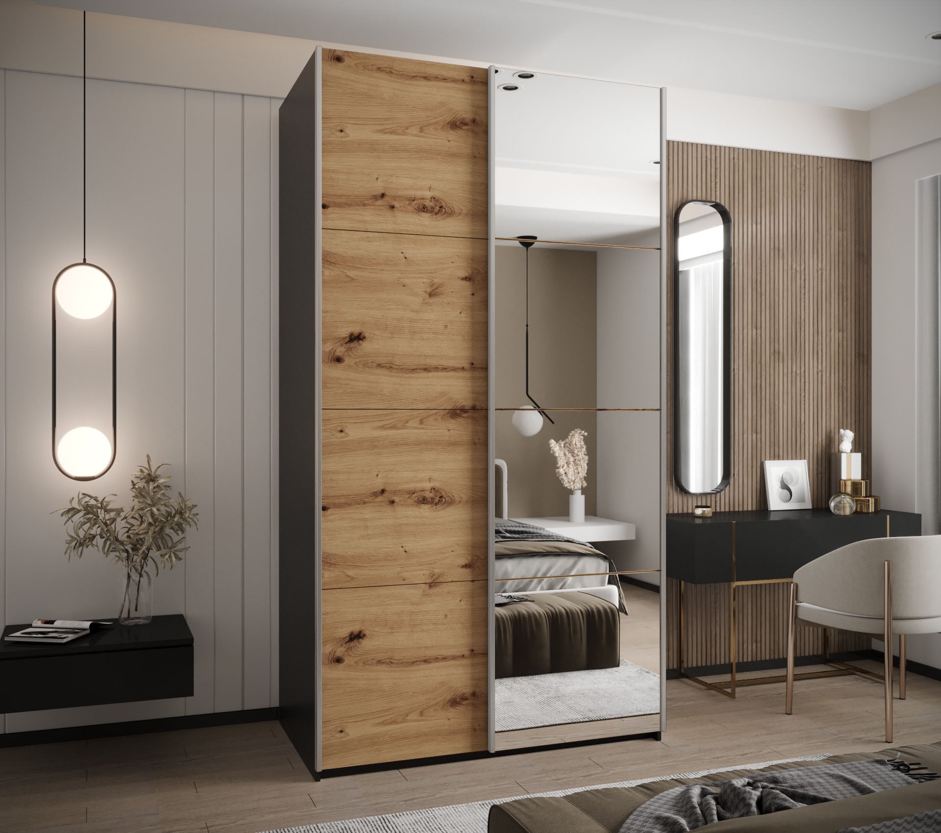 Szafa przesuwna wysoka Lux 3 140 x 64 x 245,5 cm czarny + artisan + u. srebrny - Abiks Meble - 2
