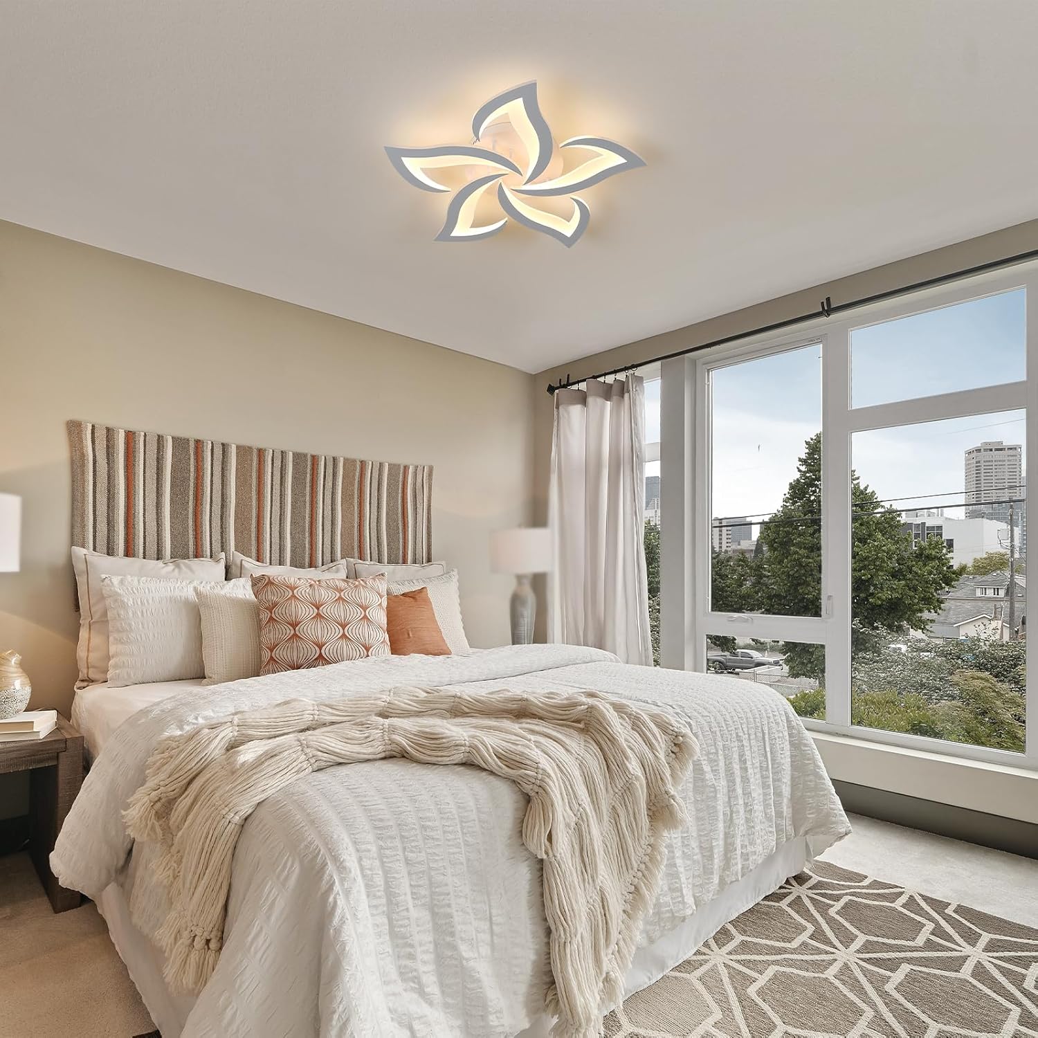 Plafonnier LED Moderne, 60W Lampe de Plafond Creative Fleur de Forme, 5 Têtes Luminaire Plafonnier en Acrylique pour Salon, Blanc Chaud 3000K, Blanc - 2
