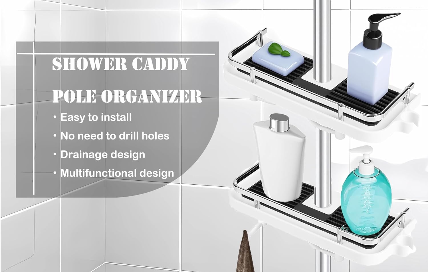 Organiseur de poteau de douche sans perçage, étagère de rangement avec crochet pour salle de bain pour barre coulissante de 24 mm - 7