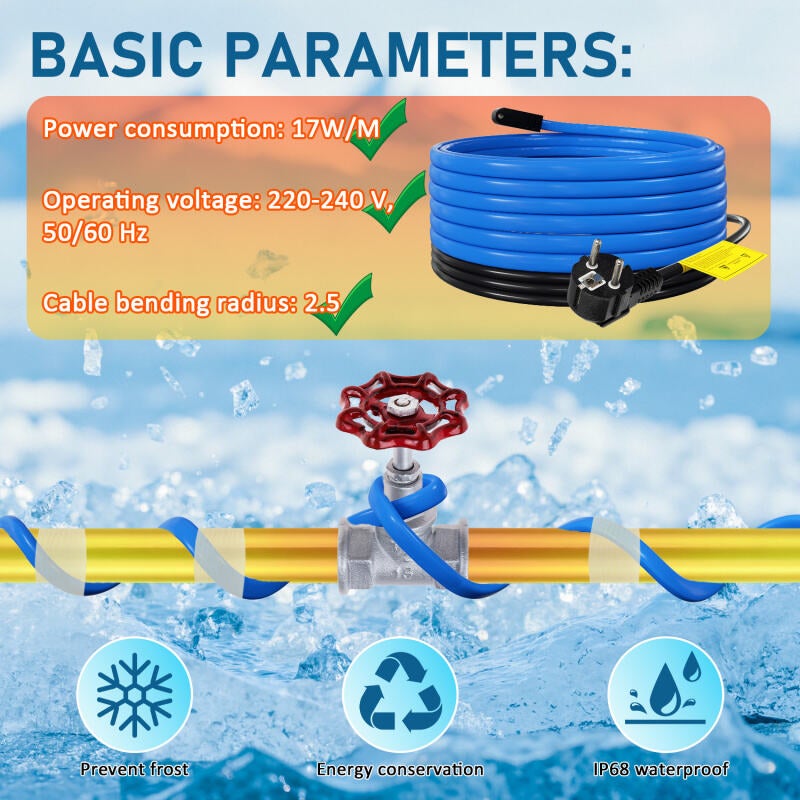 Termocavo Tubi Acqua Cavo Riscaldante Antigelo Con Termostato - 10 M, 136 W, 230 V, IP68, Per Tubi Acqua