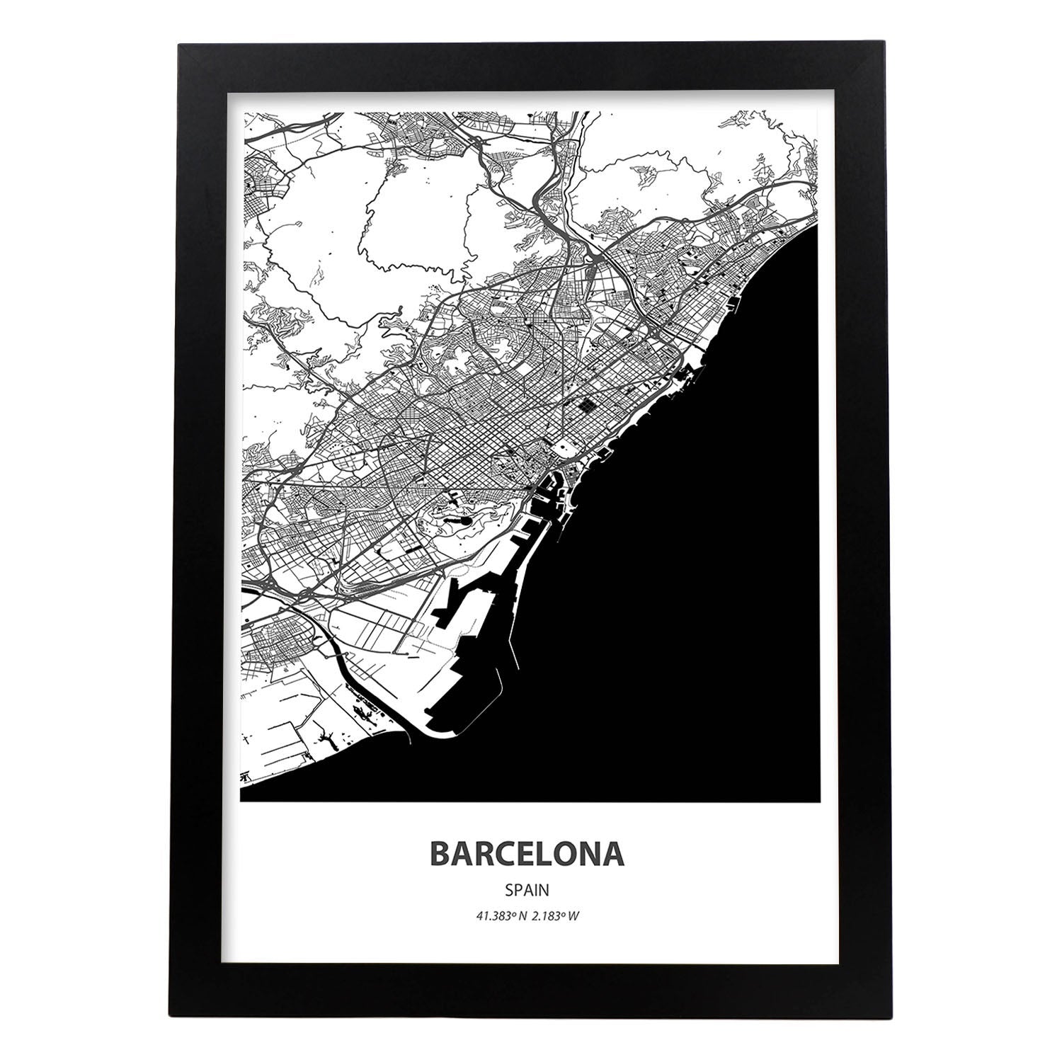 Poster con mapa de barcelona espana. láminas de ciudades de espana con mares y rios en color negro. sin marco - a3