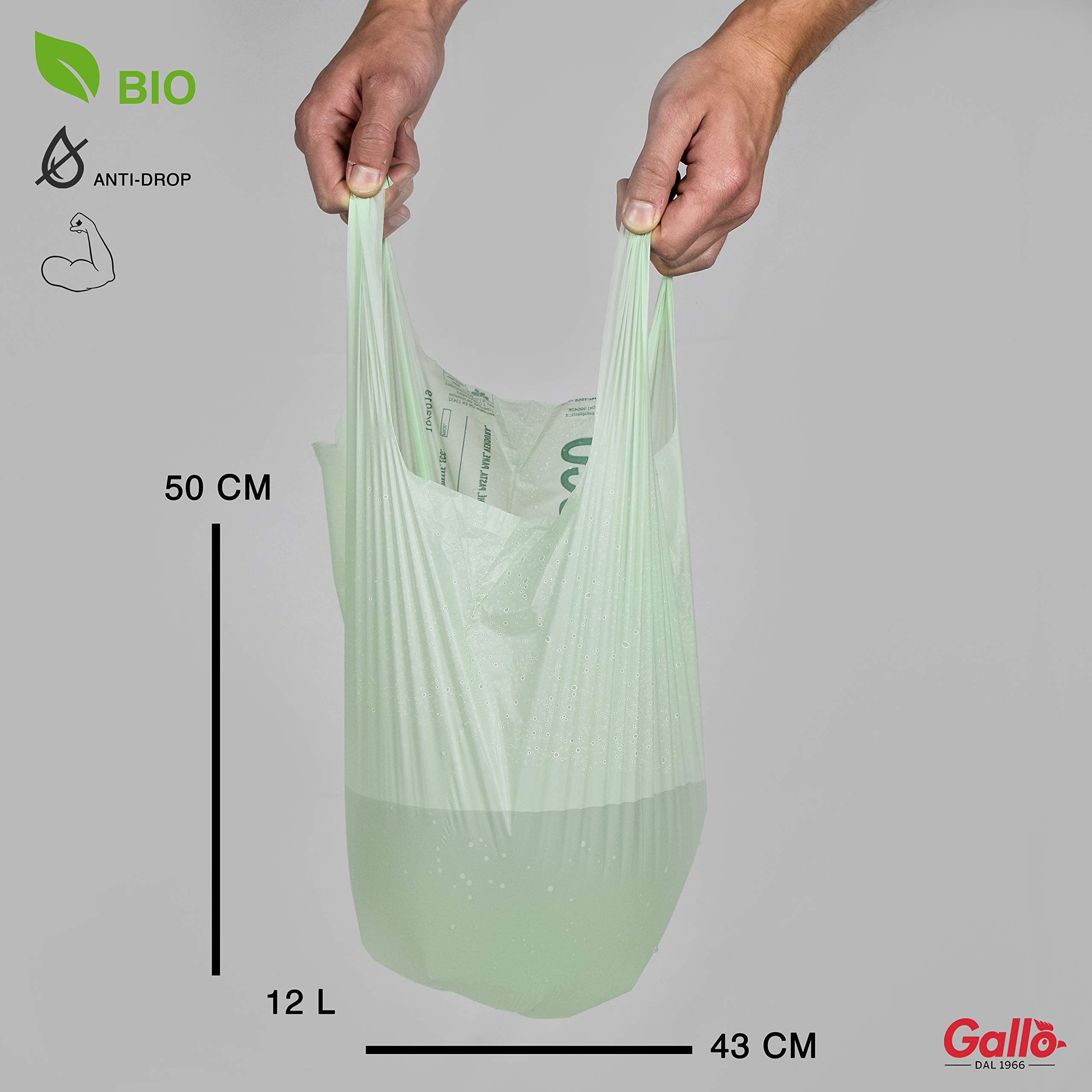 Gallo, 45 Sacchetti biodegradabili e Resistenti, Chiusura con Manici, 43x50cm, 12 Litri - 2