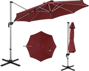COSTWAY Parasol Déporté Φ339CM, Parasol de Jardin Rond Inclinable avec Base en Croix, 5 Angles et Hauteurs Réglables, Manivelle et Double Toit, Rouge