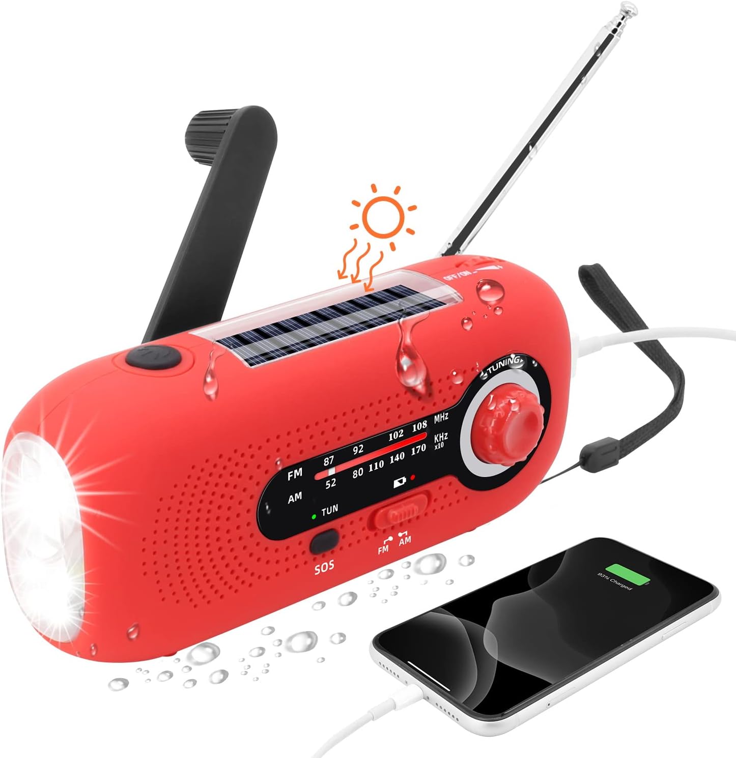 (Czerwony) Przenośne radio solarne, radio na dynamo, radio solarne z alarmem SOS na wypadek sytuacji awaryjnych, małe radio, radio wodoodporne IPX3,