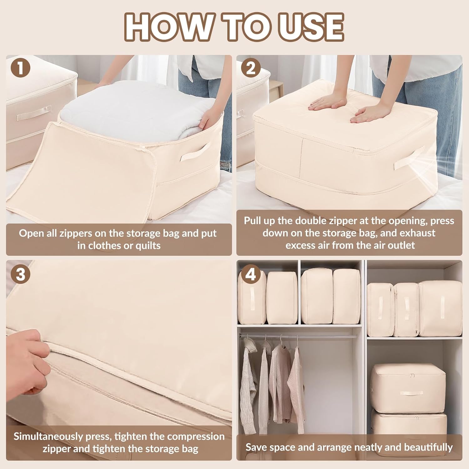 Lot de 2 Organisateur Auto-compression Ultra Peu Encombrants, Sacs de Rangement pour Couettes, Sac de Compression Voyage Empilable (Beige,52x42x30CM) - 5