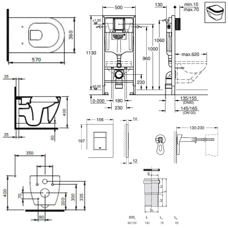 Grohe Pack WC Bâti-support Rapid SL + WC sans bride LIVEA Bello + Abattant softclose + Plaque Chrome (RapidSL-Bello-1) - 5