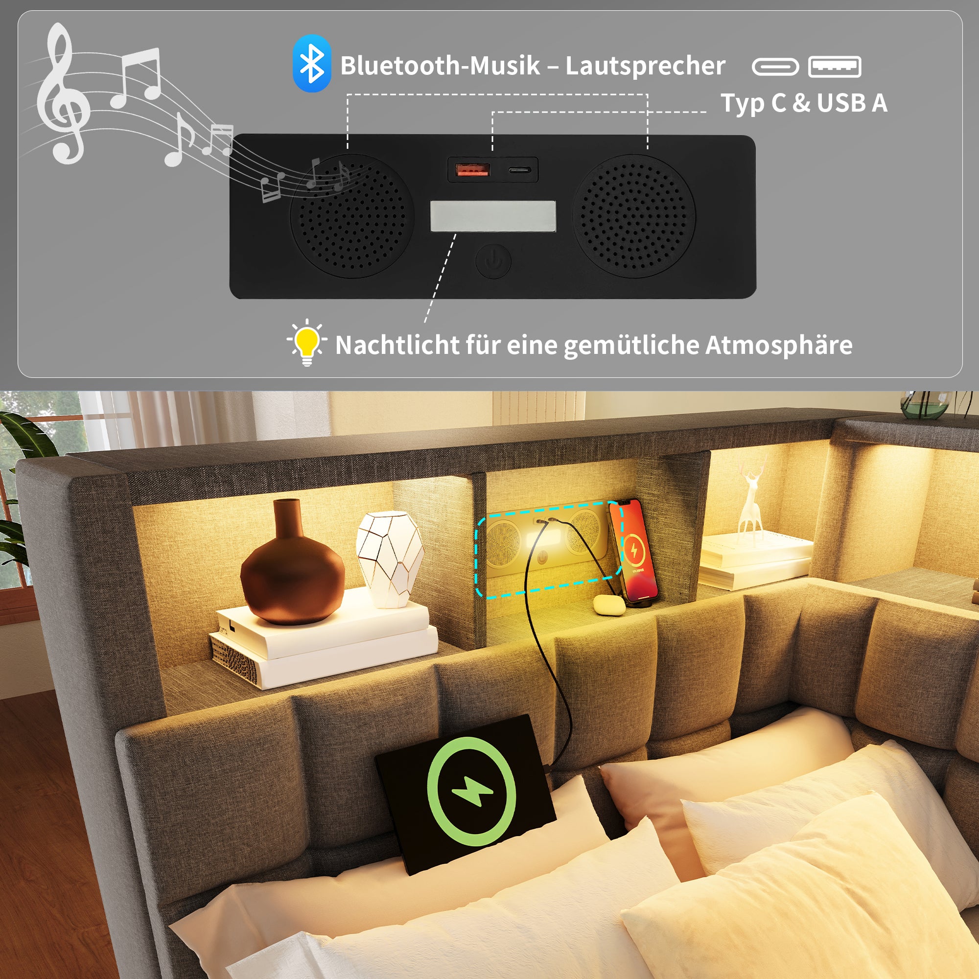 Łóżko wysuwane 90 x 200 cm + 90 x 190 cm z półką - diody LED, porty USB/Type-C i głośnik Bluetooth - szare (materac nie jest dołączony) - 3