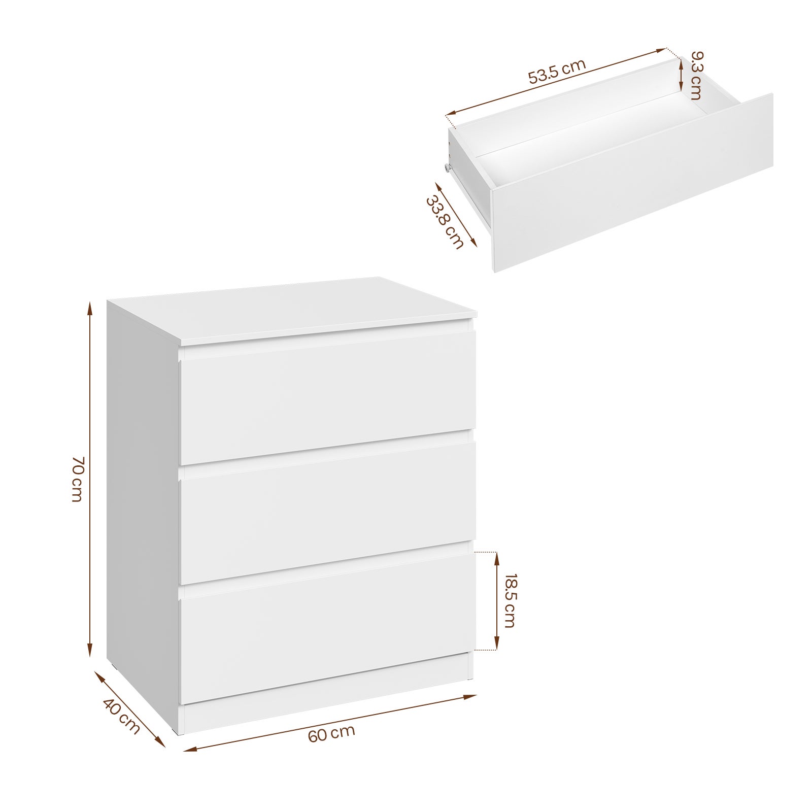 Commode WOLTU, avec 3 Tiroirs, Meuble Tiroir Rangement, en Bois d’Ingénierie, Chiffonnier, Blanc, 60x40x70 cm - 4