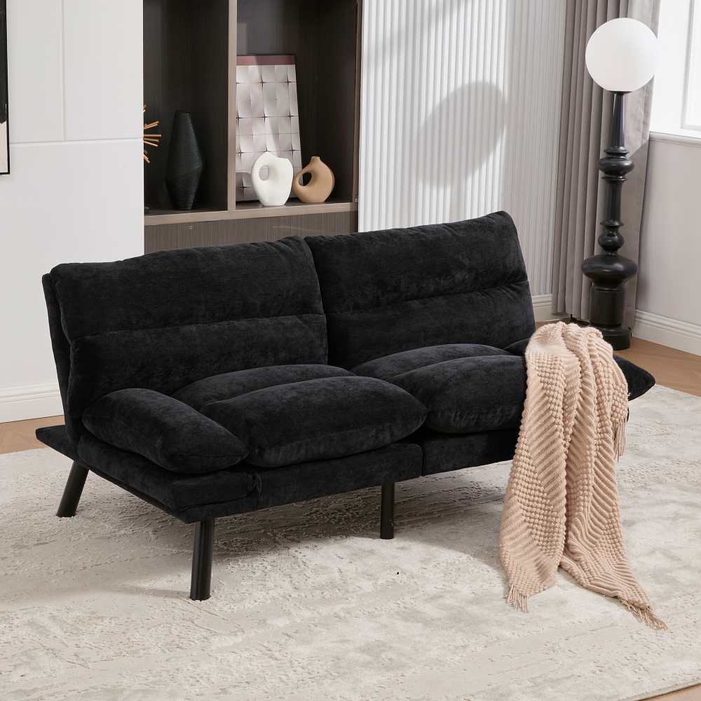 Dwuosobowa sofa z tkaniny szenilowej z regulowanym oparciem i podłokietnikami, grubymi poduszkami i stabilnymi metalowymi nogami