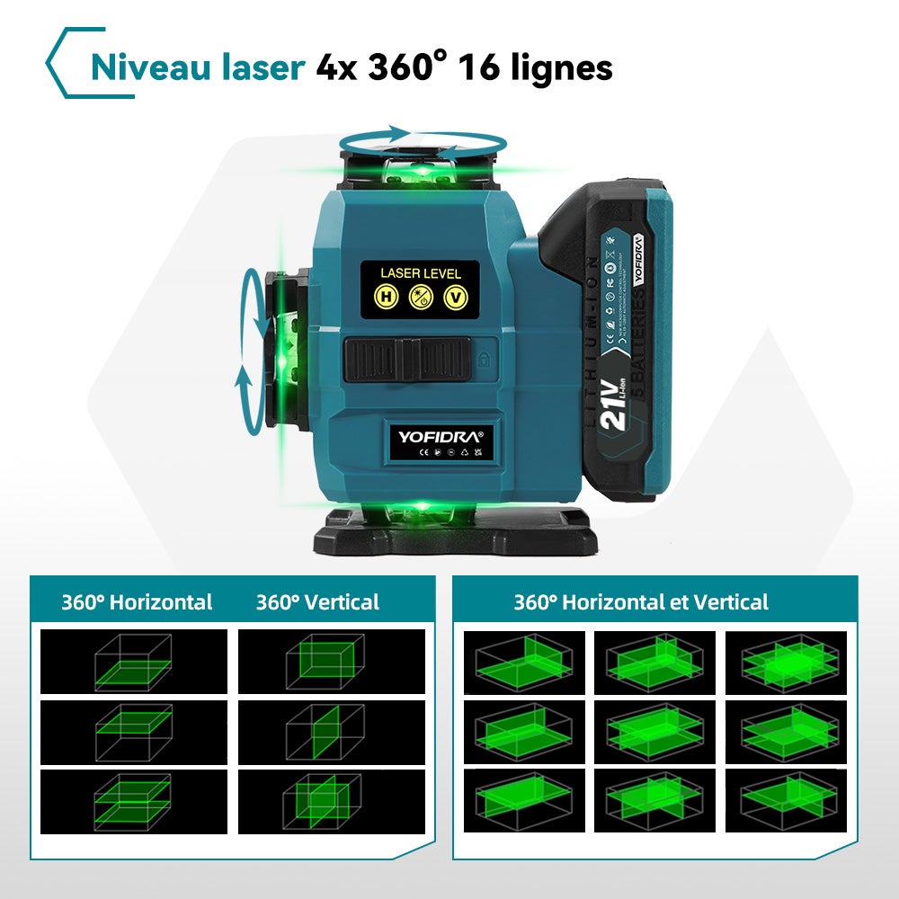Laser de ligne croisé 16 lignes Niveau laser 3° Autonivelante 4 x 360° Niveau laser avec 2x batterie + trépied, pour construction intérieure - 3