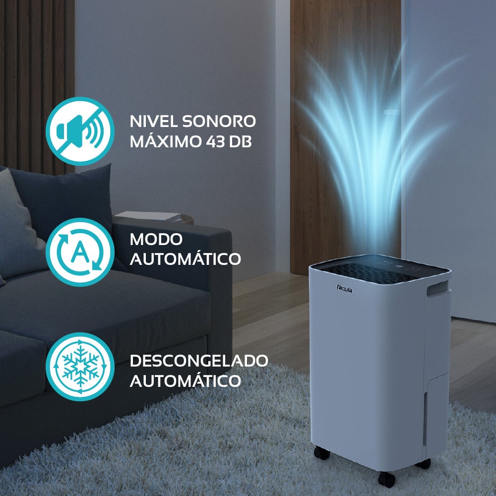 Fácula - Deshumidificador Gobi 10 l/día | Control Inteligente | Silencioso | 40-60m2 | Modo Auto | Temp 1-24h - 7