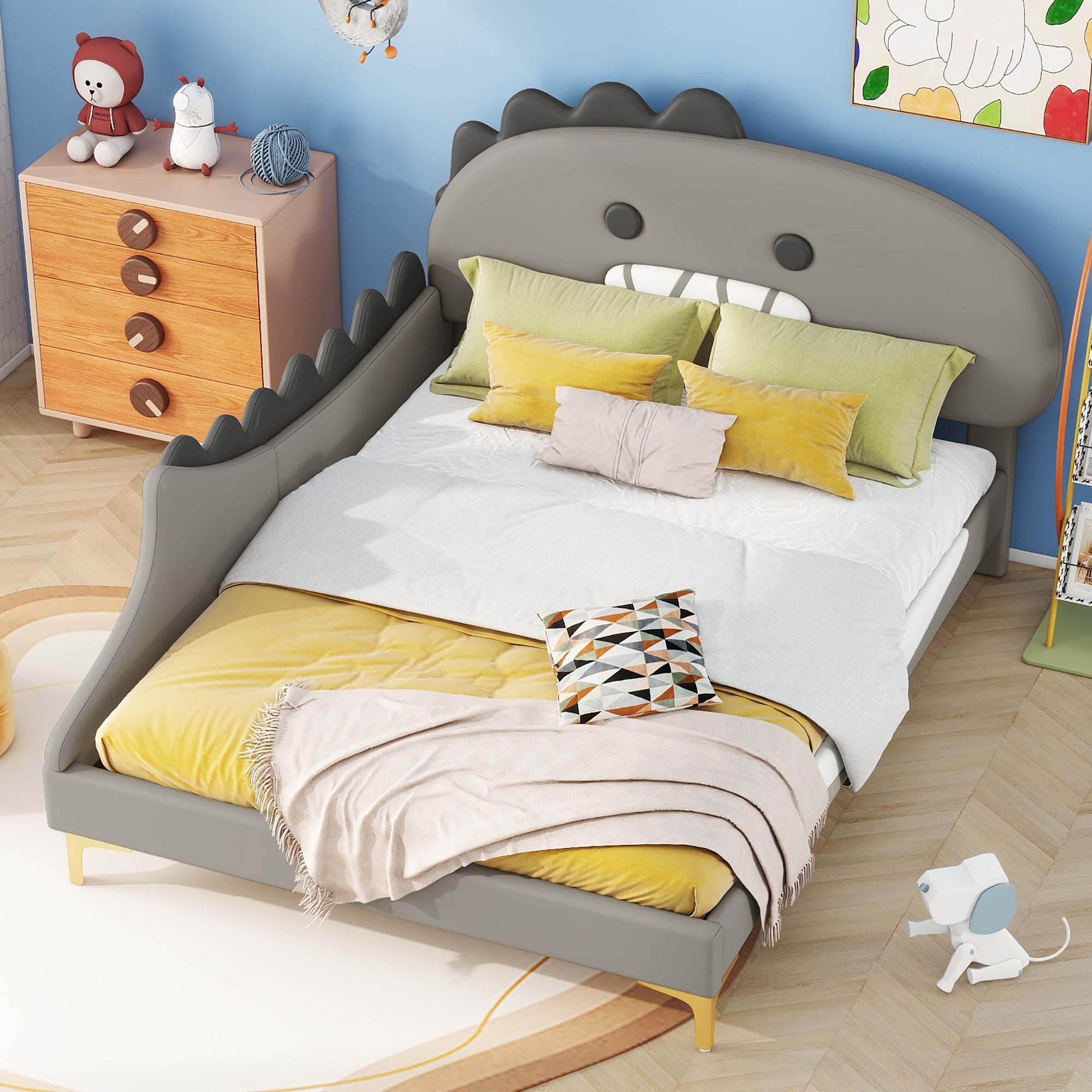 Letto Bambino A Forma Di Dinosauro, 140x200 Cm, Rete A Doghe, In Poliuretano E MDF - Senza Materasso, Colore Grigio, Per Cameretta Fantasiosa
