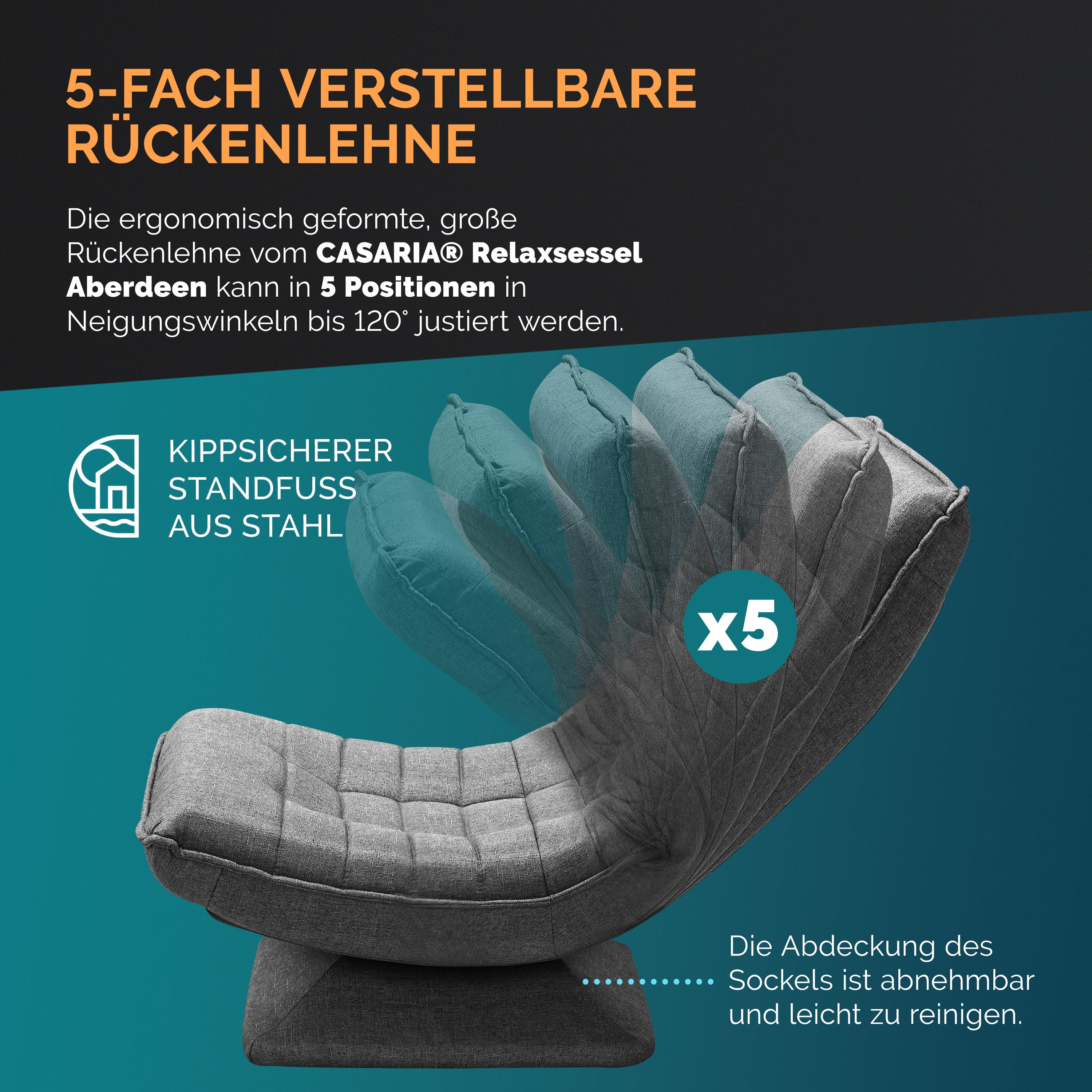 CASARIA® Fauteuil tout confort pivotant à 360° Gris capacité de charge de 150kg siège de gaming 58x57x84/87cm relaxation - 6