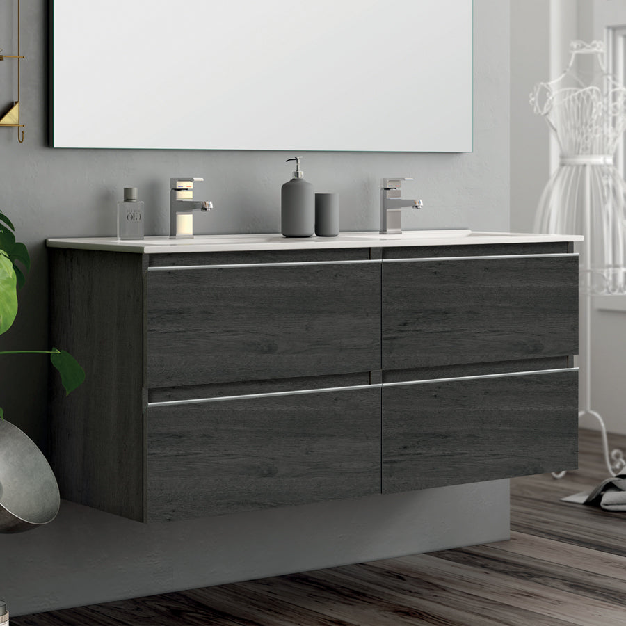 Ensemble meuble de salle de bain 120cm double vasque + colonne de rangement - BALEA - ebony (bois noir) - 2