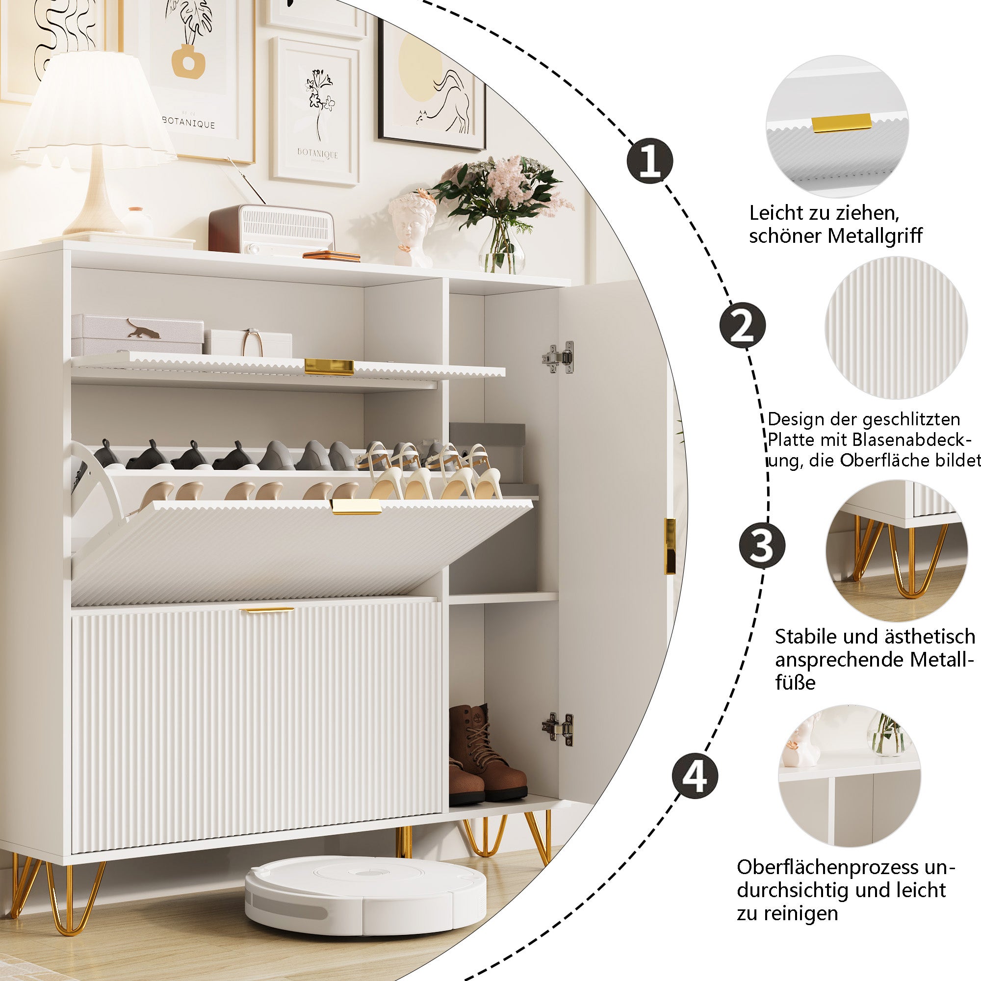 Meuble à chaussures d'entrée incliné, meuble à chaussures, étagère à chaussures de salon avec tiroirs de rangement supplémentaires, blanc - 6