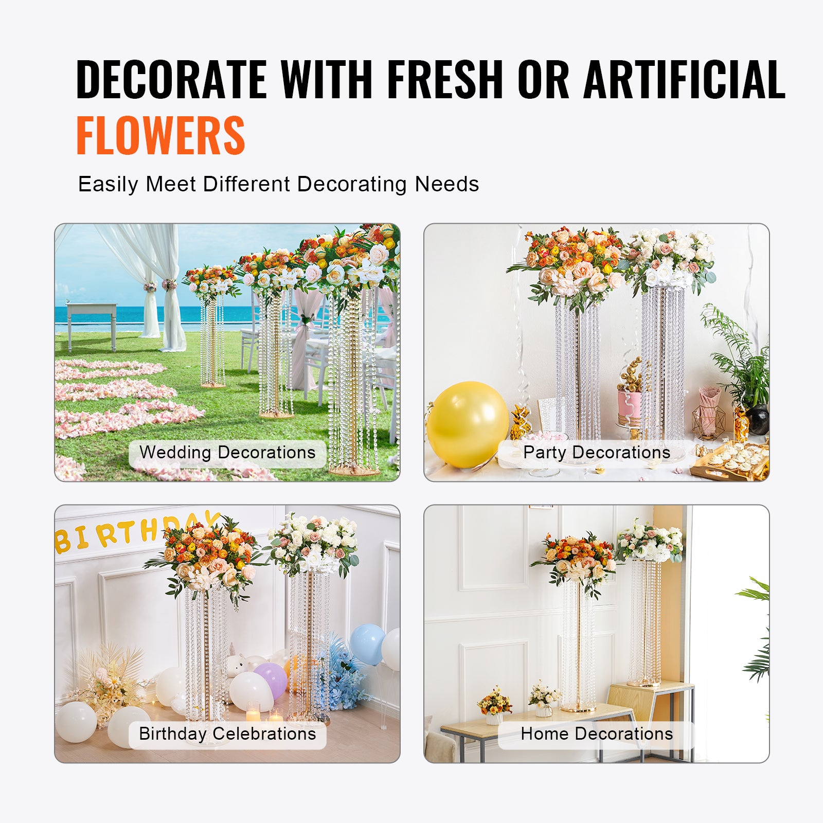 10PCS Support Fleurs de Mariage VEVOR 90 cm Porte-fleurs en Cristal Centre de Table Mariage Luxueux Vase Métal Doré Présentoir Floral pour Réception - 6
