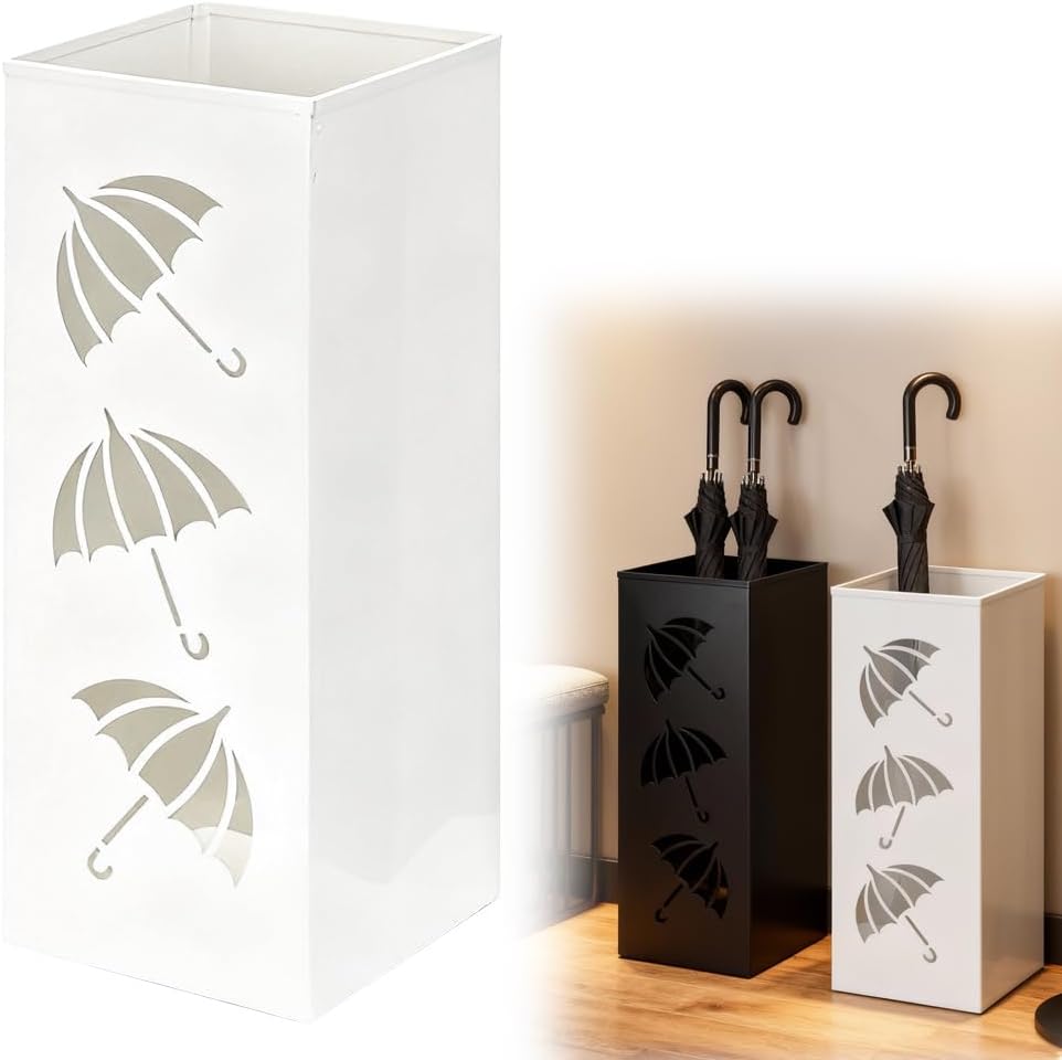 Porte-parapluie, en métal, carré, étanche et antirouille, avec bac d'égouttement amovible pour la maison, le bureau, l'entrée (blanc) - 2
