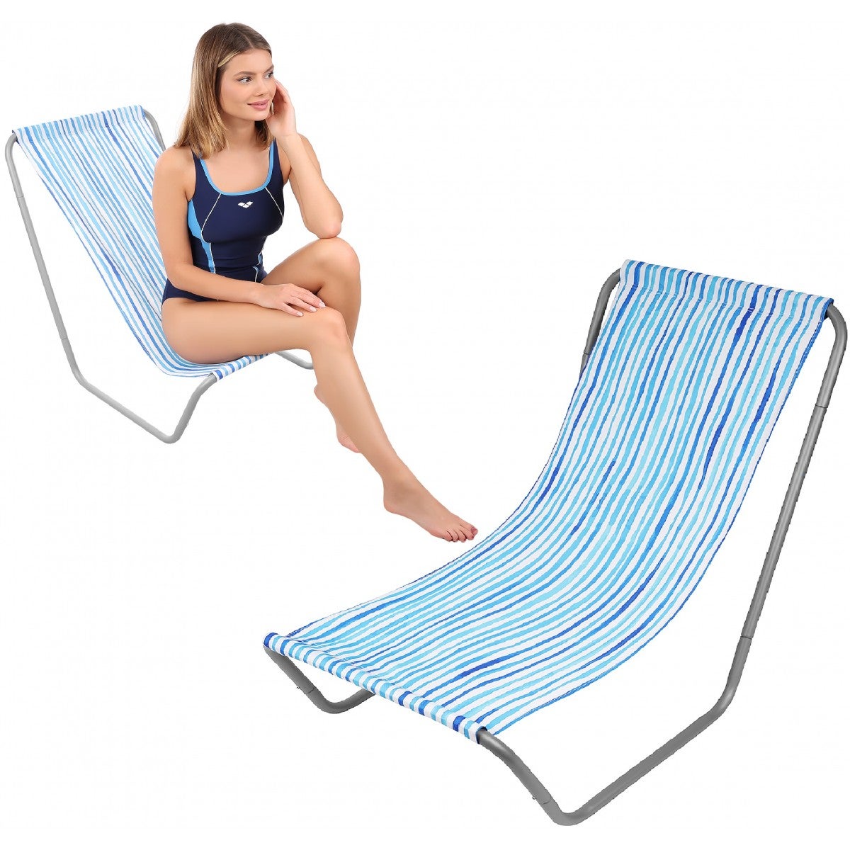 Leżak ogrodowo plażowy składany, spakowany w pokrowiec Enero Camp Blue Lines