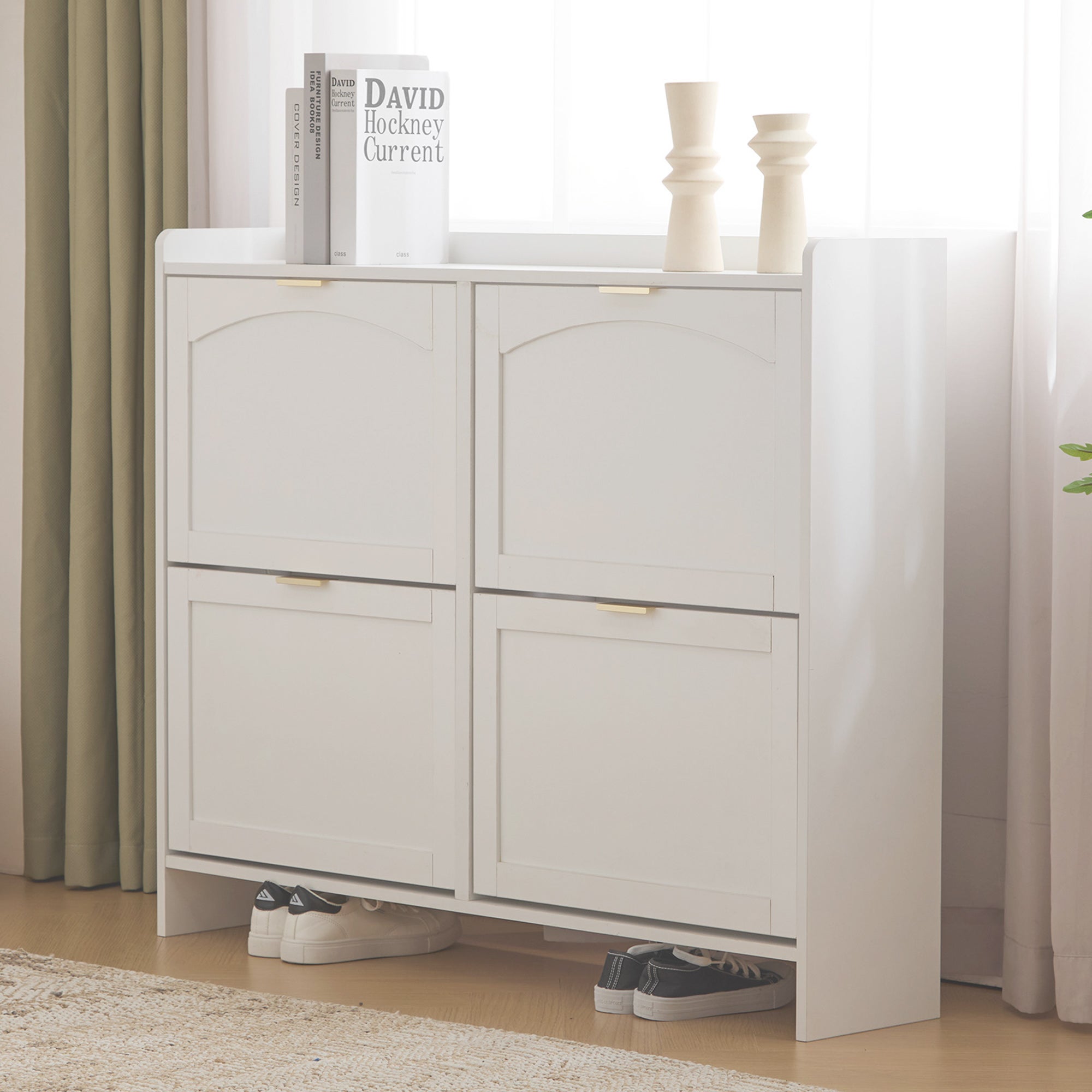 Meuble à chaussures avec 4 portes à rabat - 110 x 24 x 90 cm - Panneau de particules - Blanc - 6