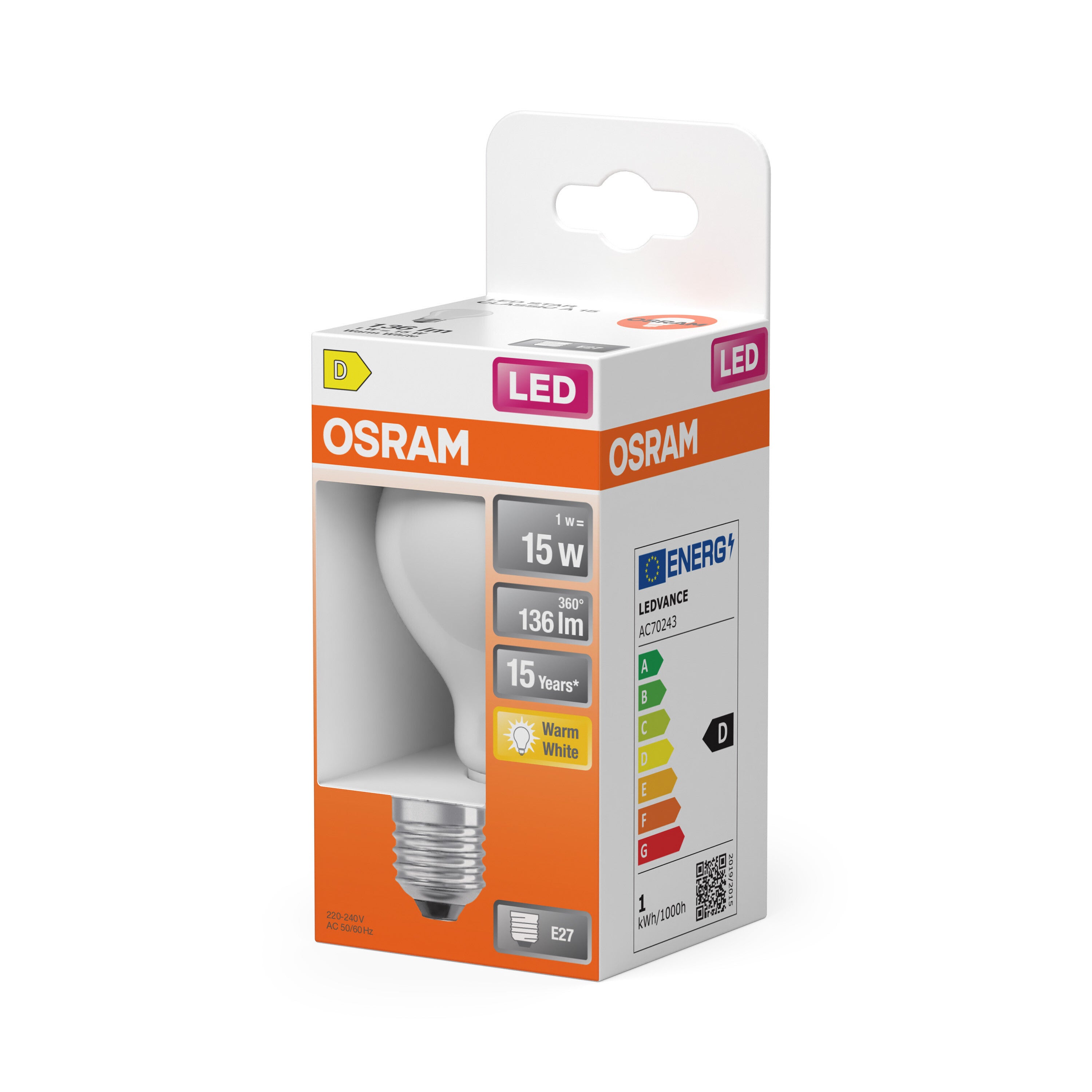 OSRAM Lampe LED forme étoile filament A15, 2700 K blanc chaud, 1 W, E27, dépolie, 136 lm, 15&nbsp;000 h, pour petits luminaires, éclairage général, non - 2