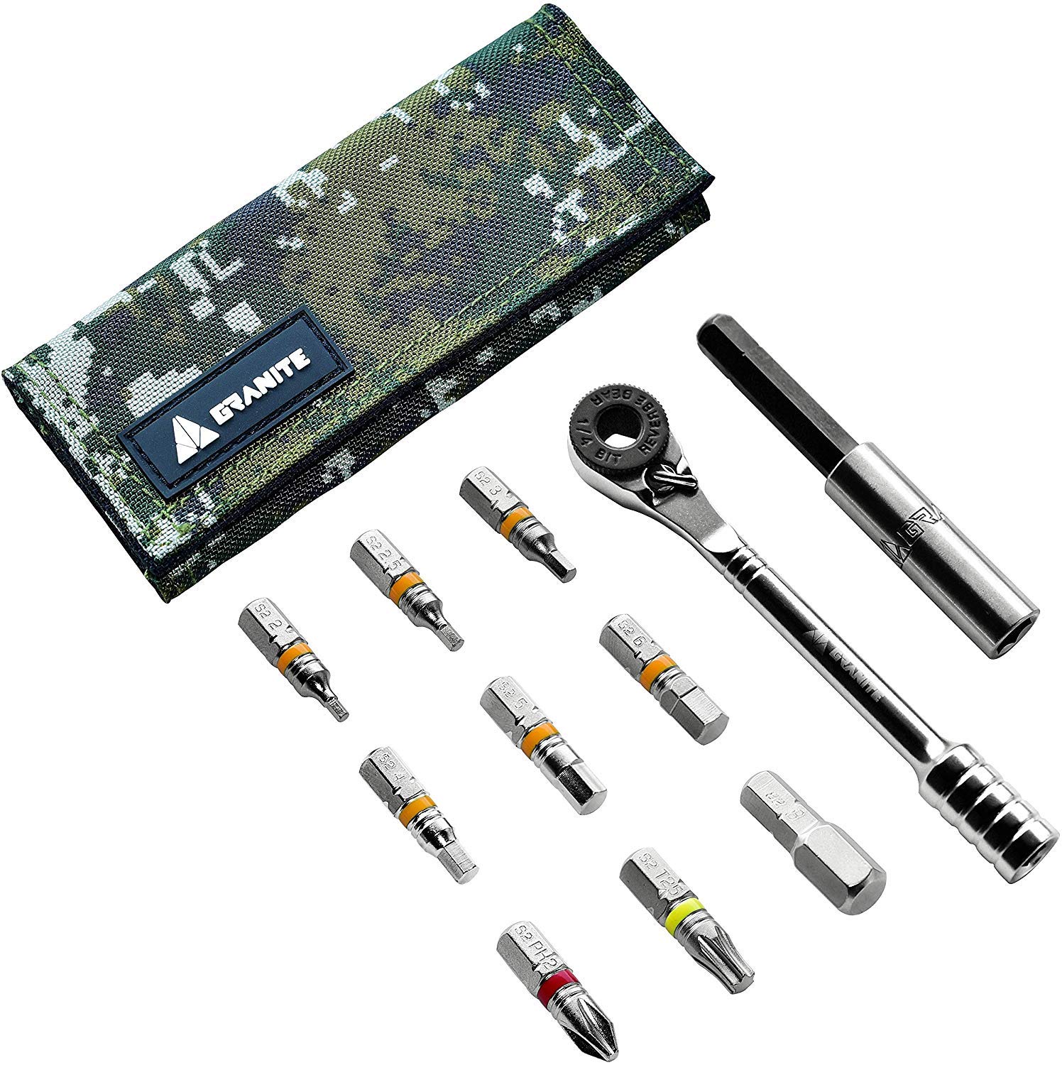 Versión en español — rocknroll kit d'outils de vélo à cliquet mini avec 9 embouts d'outil, tige d'xtension (camouflage vert)