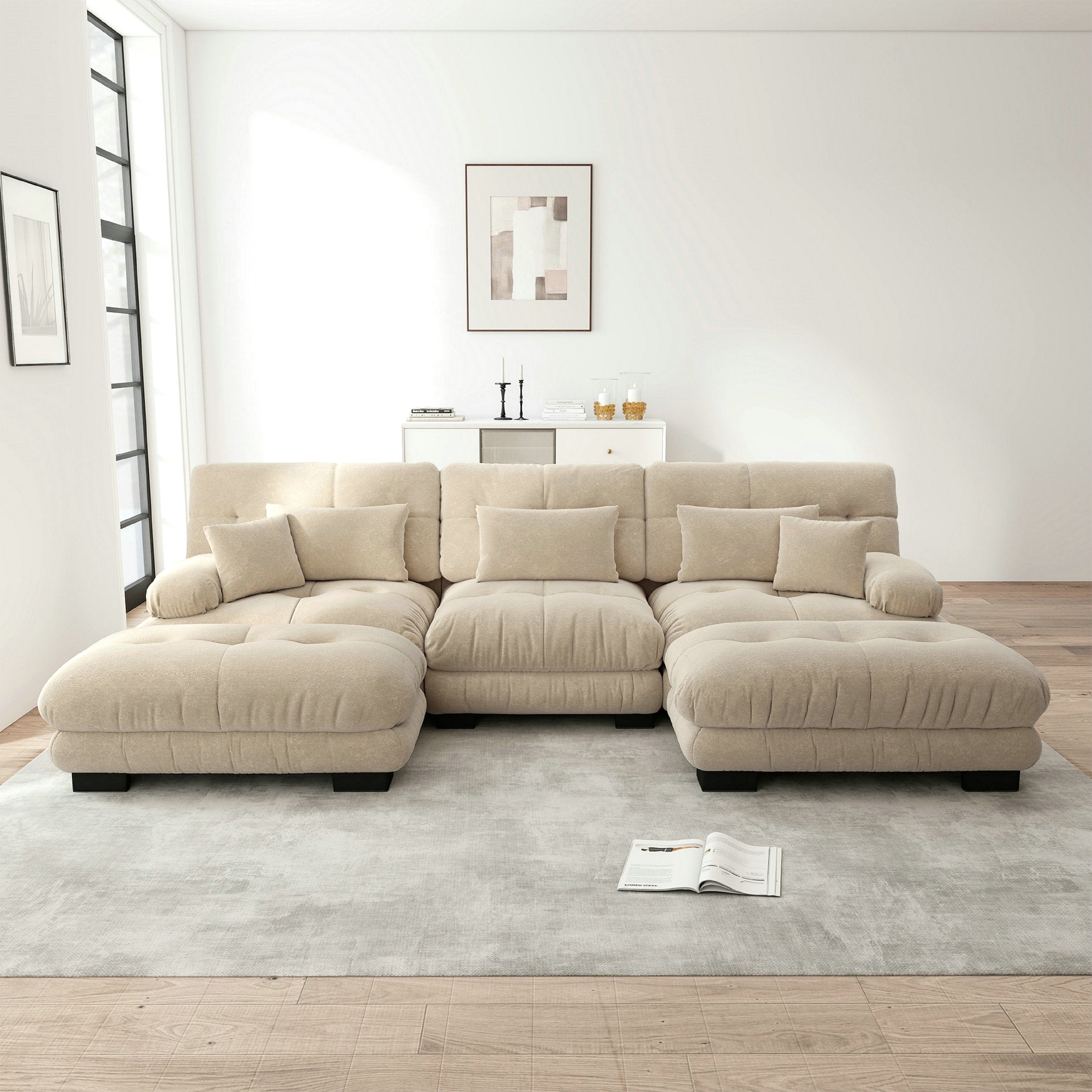 Canapé d\'angle modulaire luxueux 3 places U – en forme de nuage, confortable – canapé-lit profond avec pouf – chenille marron clair - 3