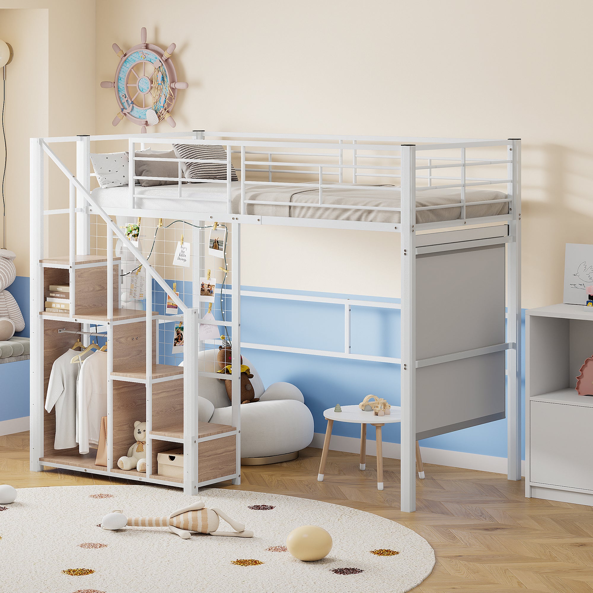 Letto A Soppalco 90 X 200 Cm Con Armadio E Scrivania In Blu E Bianco Materasso Nicolas 1