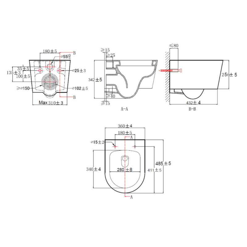 WC suspendu sans bride et fixations invisibles + abattant frein de chute, Noir mat (SATBRE010RREXPBKM) - 5