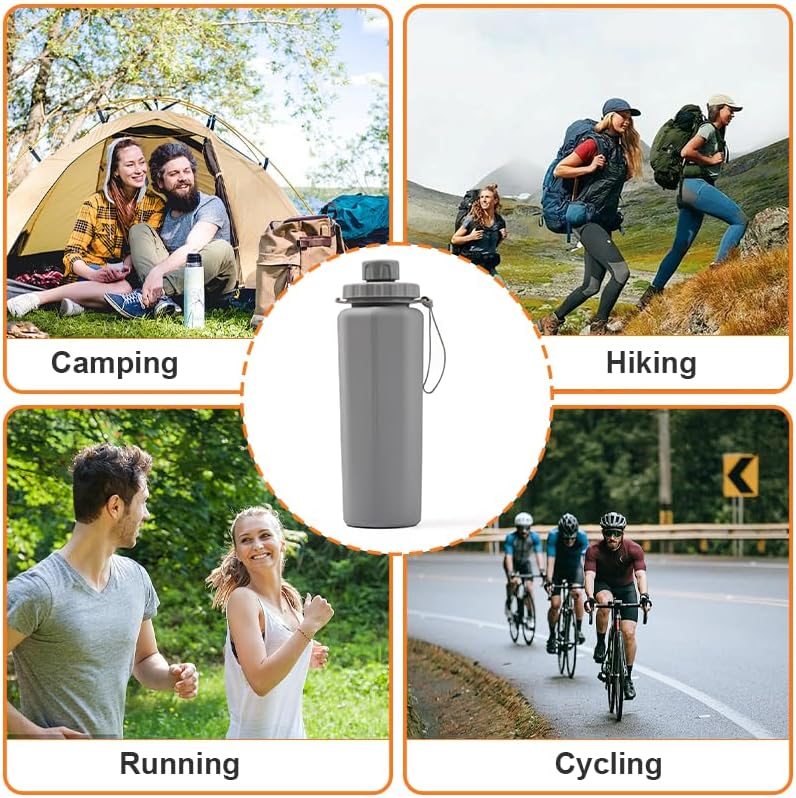Gourde pliable 600 ml, en silicone, légère et étanche, idéale pour le camping, la randonnée, le vélo et les activités de plein air. Couleur : gris. - 7