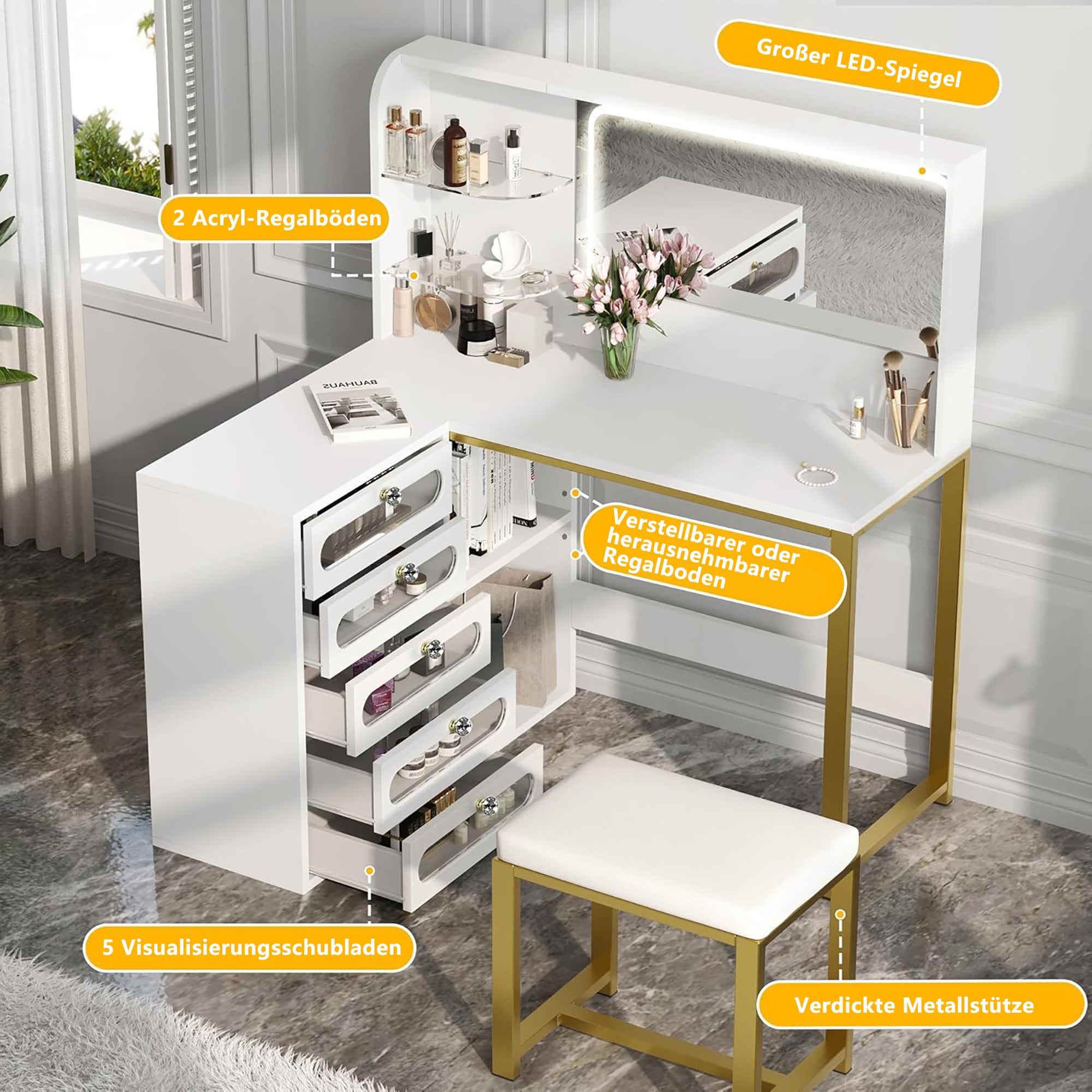 Coiffeuse avec miroir led, tabouret de coiffeuse, 5 tiroirs et 2 compartiments de rangement, design d'angle en L, blanc, table d'appoint, coiffeuse - 5