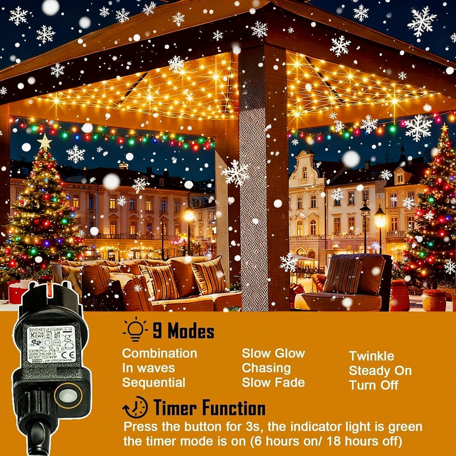 Luci a catena per esterni 2x2M, 160 luci da soffitto a LED con spina, timer, 8 modalità, luci a catena natalizie IP44, bianco caldo - 3