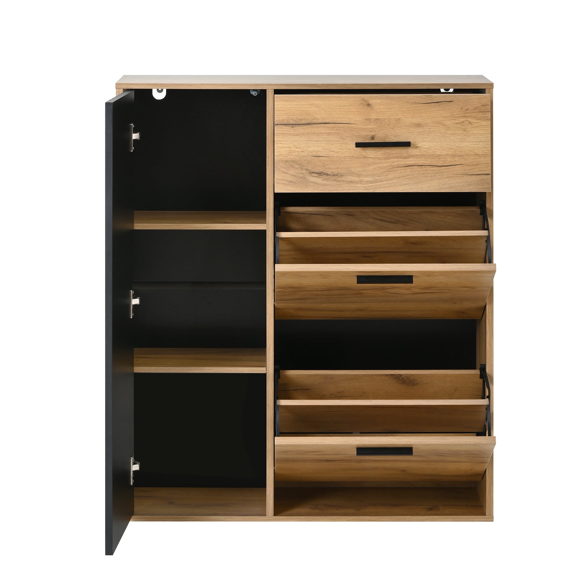Scarpiera 80x24x95,5cm - con 2 ante a ribalta - con 1 cassetto e 1 anta - Naturale + Nero - 7