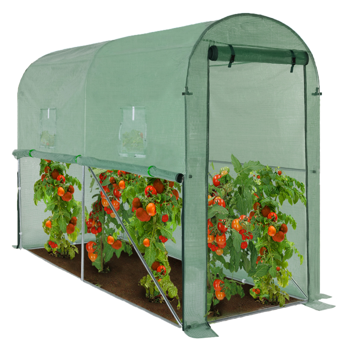 Serre à tomates de jardin 3m² 3 x 1 x 2 m acier galvanisé + bâche anti-UV relevable avec porte et 2 fenêtres verte - 2