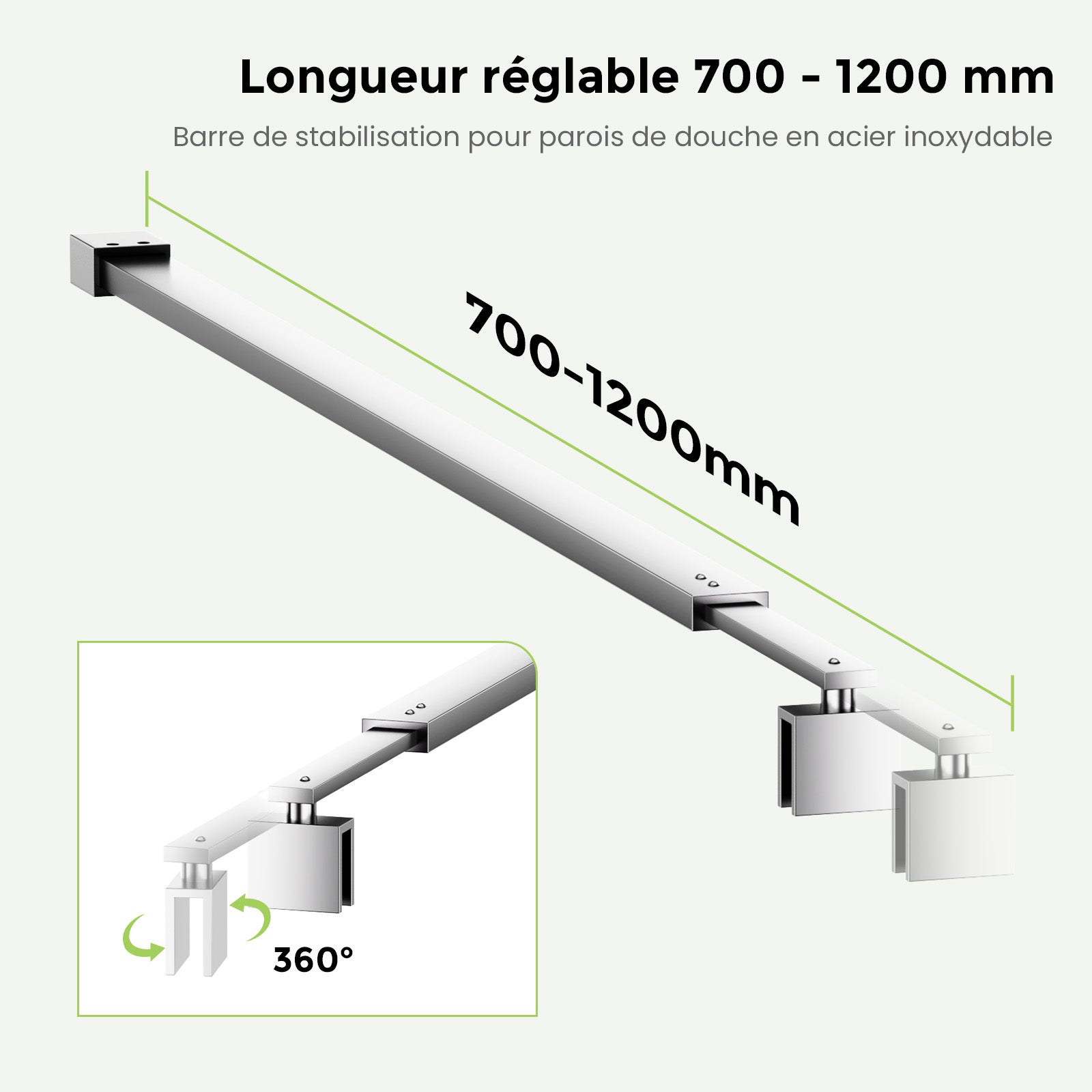 Barre de stabilisation réglable 700-1200mm pour paroi de douche à l’italienne, compatible verre 8-10mm, fixation murale en acier inox - 2