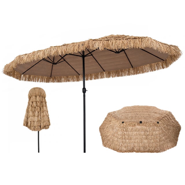 Parasol Double Tropical en Paille 4,5x2,7m, Parasol de Plage Exterieur XXL avec Manivelle Lisse, 12 Baleines&Goupille Réglable, Protection Solaire