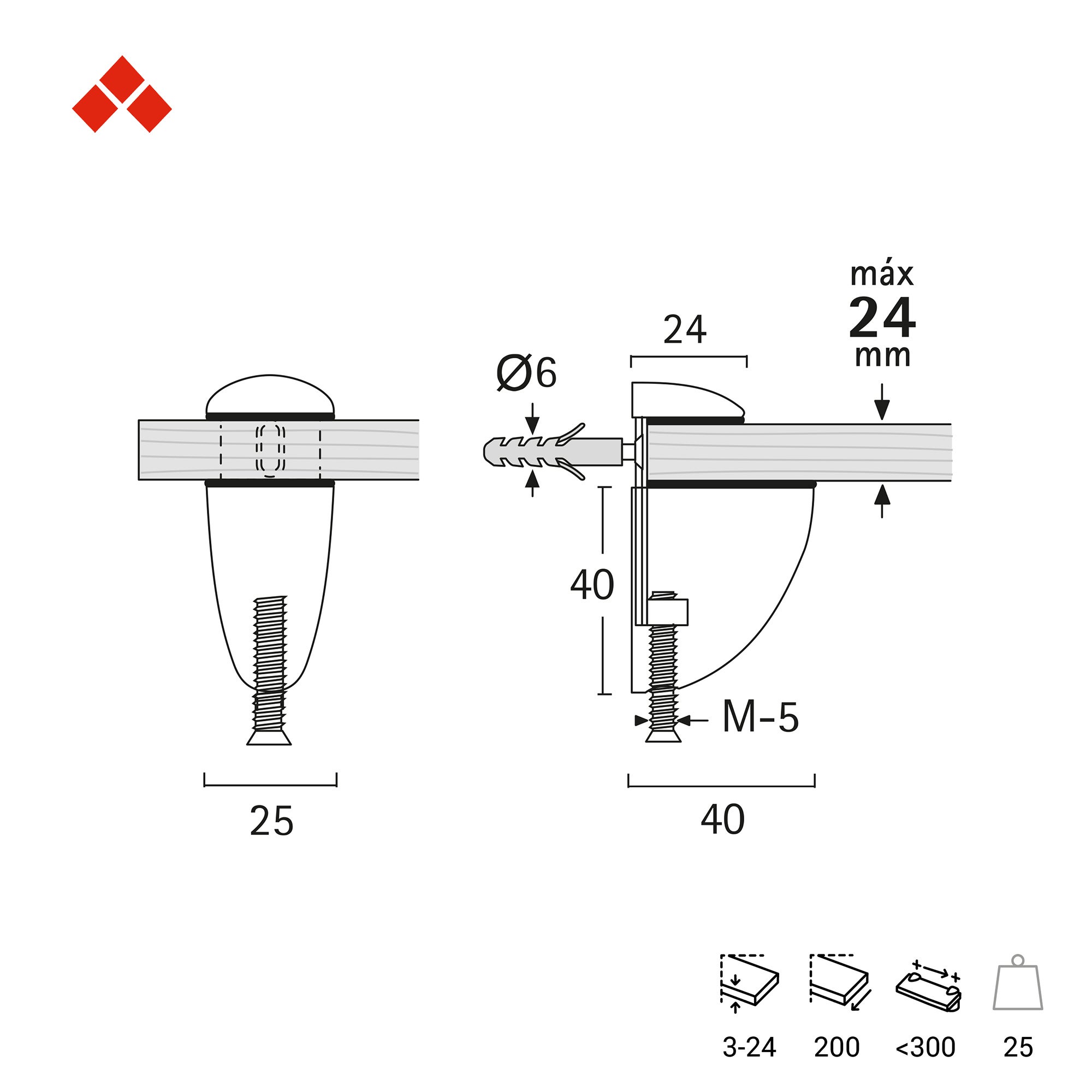 Support réglable pour étagères en verre et bois | Fabriqué en Zamac | Fini chromé brillant | Pour étagères d'une épaisseur de 3 à 24 mm | Mesures - 4