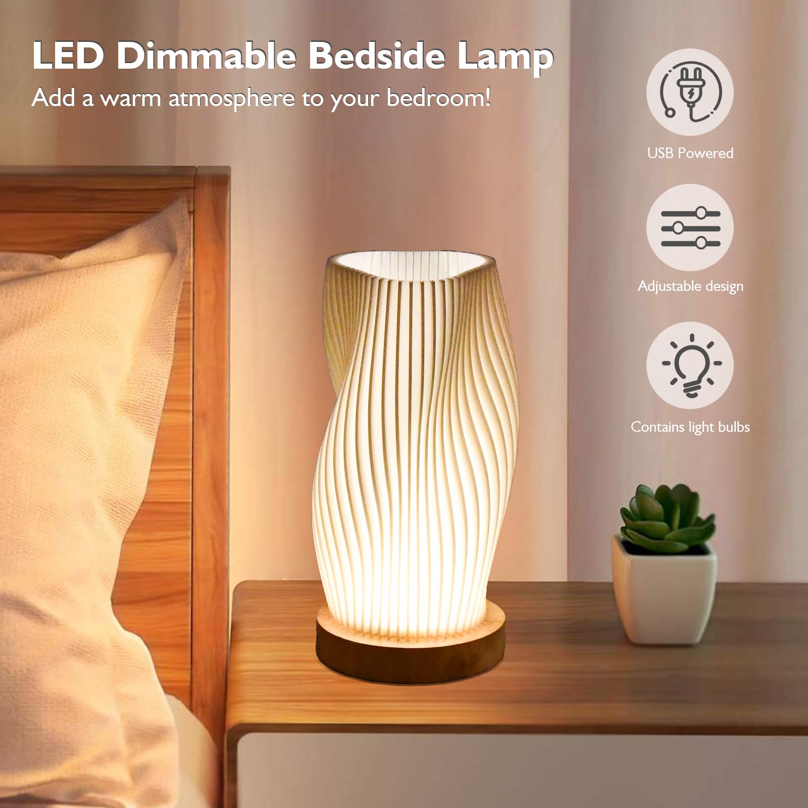 Dimmable Lampe de Table Créative Moderne, Lampe de Chevet avec abat-jour en PLA, Base en Bois, Chaude Ambiance Romantique Lumière Chaude Veilleuse - 4