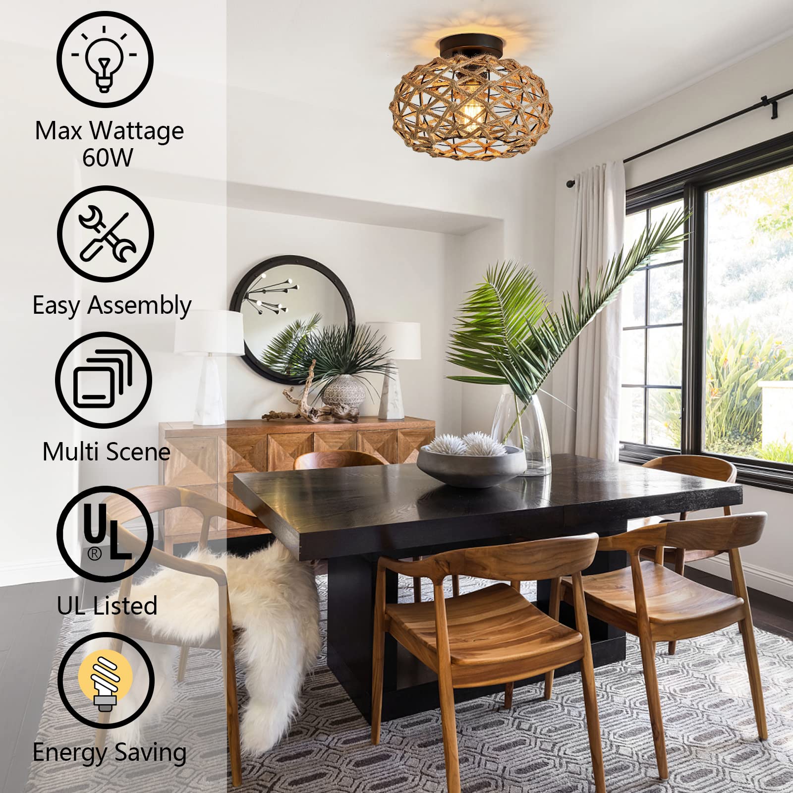 Lampa sufitowa rattanowa, żyrandol w stylu boho, lampa wisząca w stylu industrialnym, żyrandol sufitowy w stylu wabi-sabi - 9