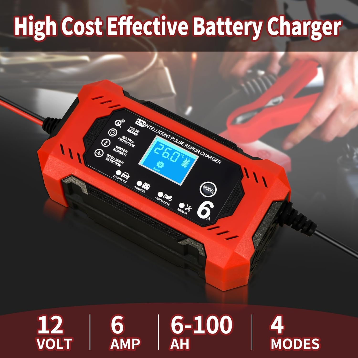 Caricabatterie per auto, caricabatteria intelligente da 12 V 6 A, caricabatteria per moto con display LCD, caricabatteria per auto, moto, camion, AG - 2