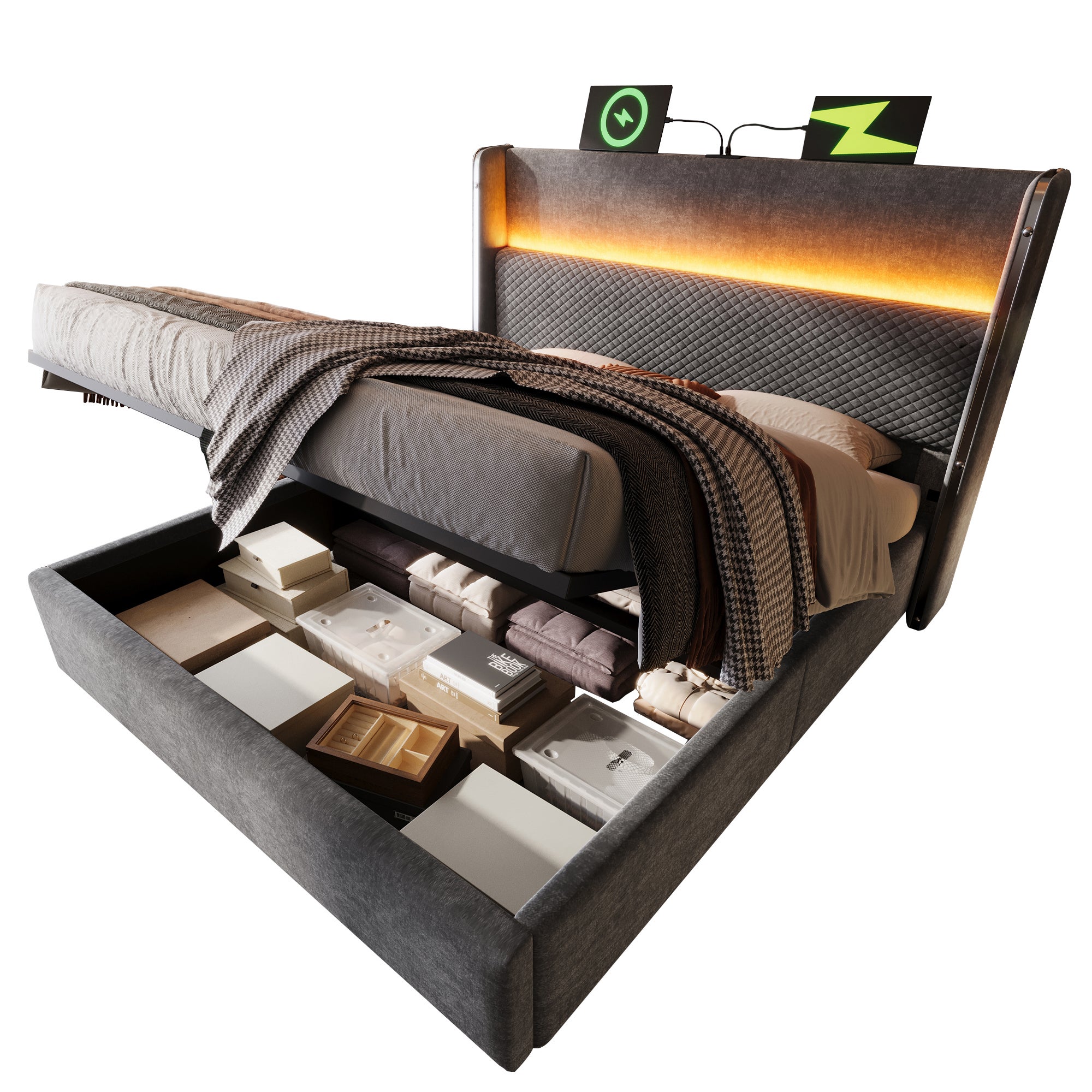 Łóżko tapicerowane 160x200cm, łóżko małżeńskie z oświetleniem LED, miejscem do przechowywania i portami USB/Type-C, lniane, szare, z materacem - 6