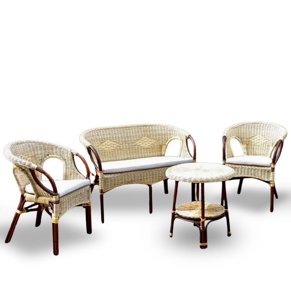 Salotto mandolino in vimini divano poltrone tavolo con cuscini