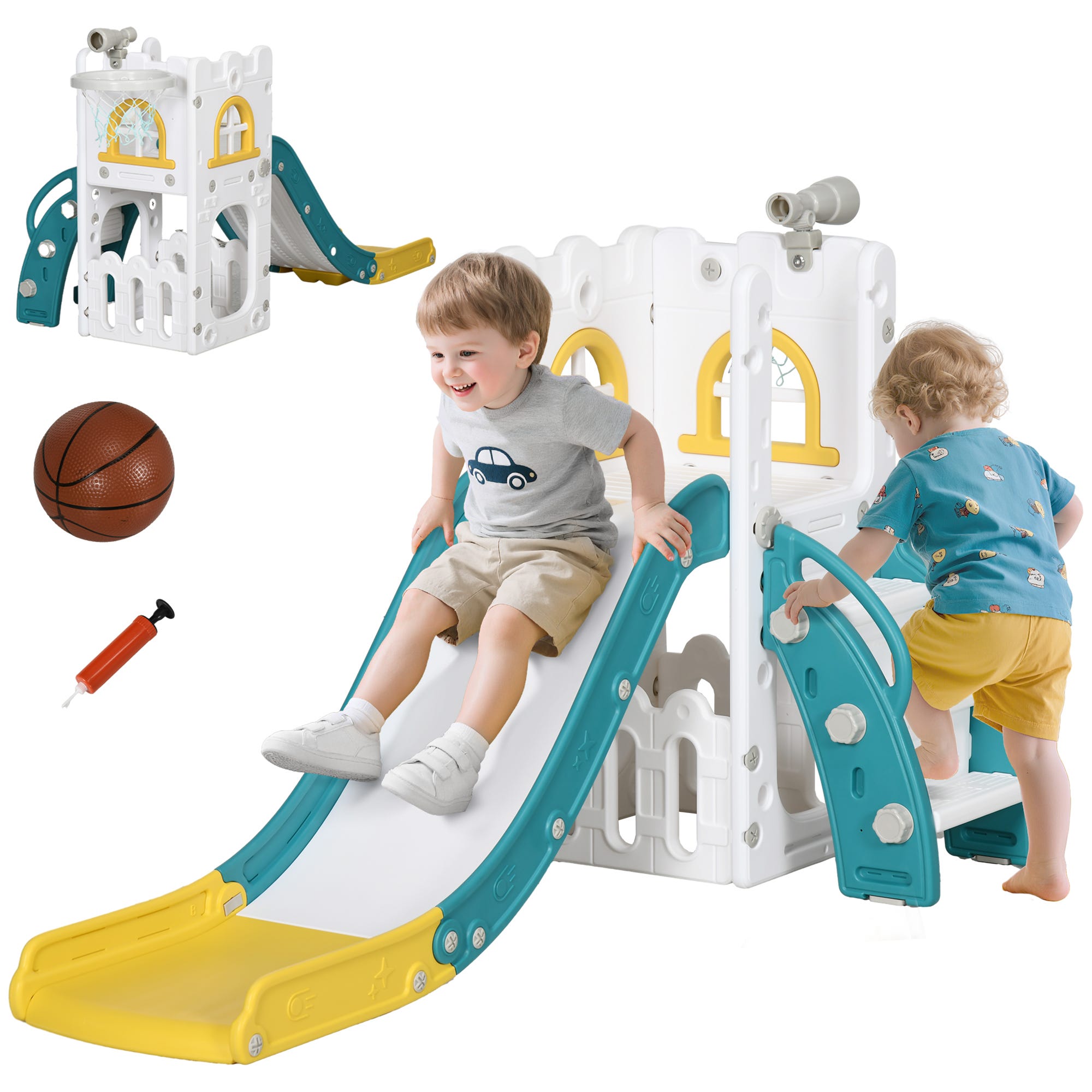 Toboggan pour enfants 5 en 1 avec télescope d’escalade à anneaux de basket-ball et panier inférieur pour les couleurs jaunes et vertes en intérieur Toboggan pour enfants 5 en 1 avec télescope d’escalade à anneaux de basket-ball et panier inférieur pour les couleurs jaunes et vertes en intérieur