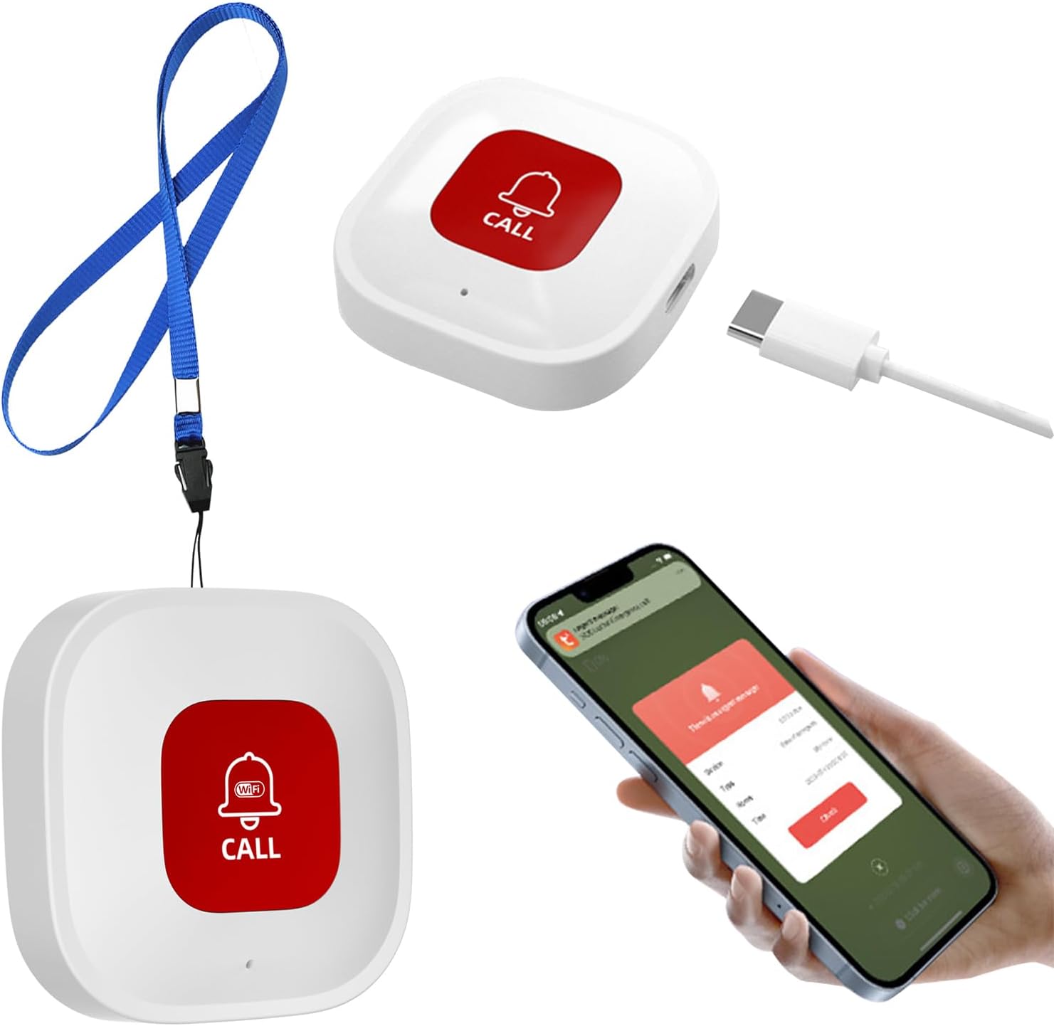 Inteligentny przycisk alarmowy Wi-Fi dla seniorów, biały, sterowanie przez aplikację Tuya, zasięg Wi-Fi 10 m